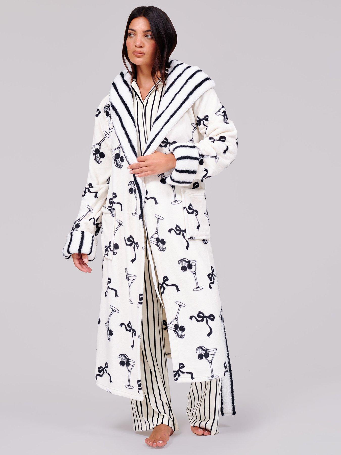 Image 3 of 5 of Loungeable Martini Bow Printed Flannel Fleece Midi Robe with Stripe Contrast Trim - Multi