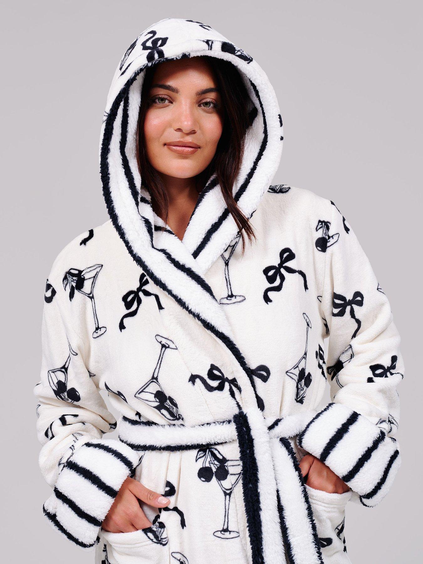 Image 4 of 5 of Loungeable Martini Bow Printed Flannel Fleece Midi Robe with Stripe Contrast Trim - Multi