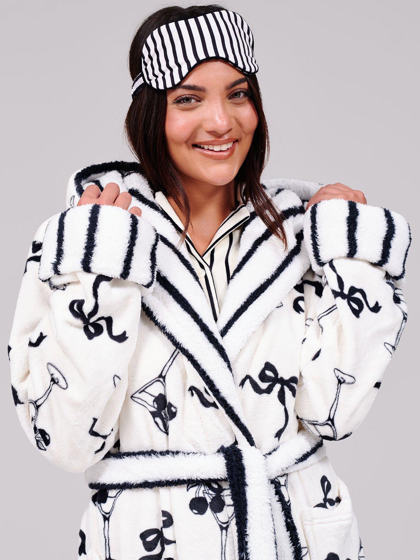 Image 5 of 5 of Loungeable Martini Bow Printed Flannel Fleece Midi Robe with Stripe Contrast Trim - Multi