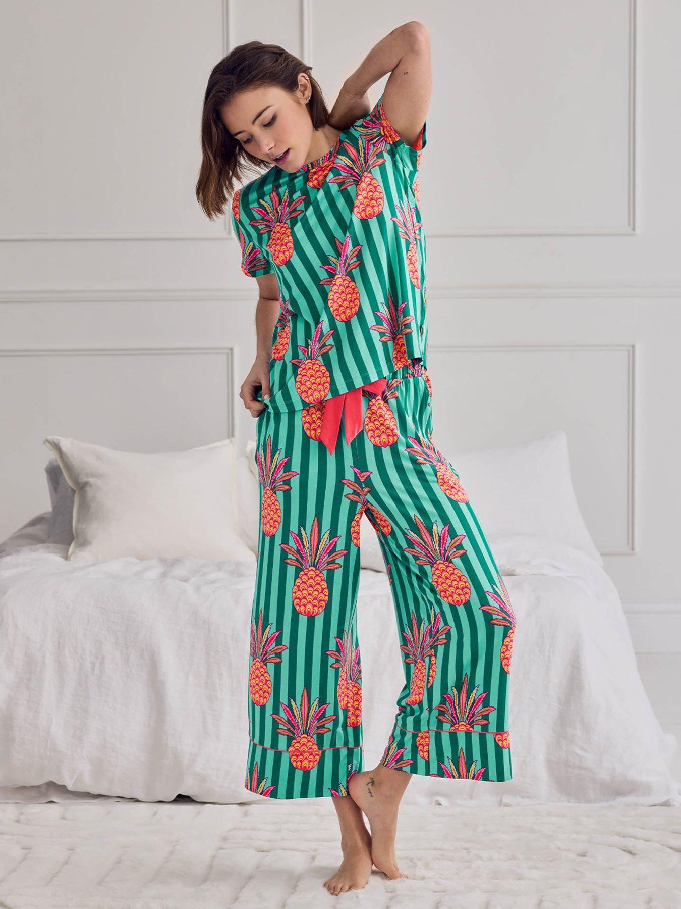 CHELSEA PEERS Chelsea Peers Pineapple Stripe Print Long Pyjama Set - Turquoise