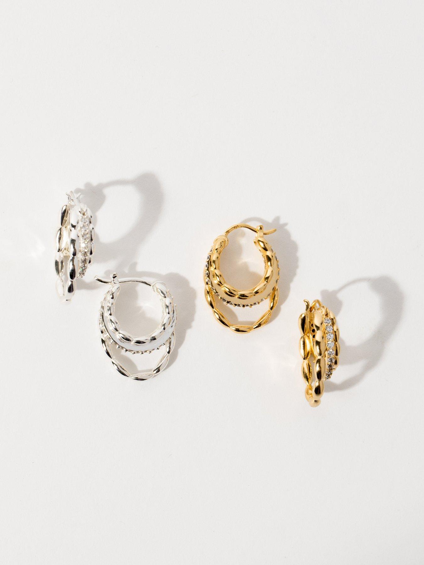 Image 4 of 4 of The Edit HS Edit CHAINS Sterling Silver & Cubic Zirconia Triple Hoop Earrings
