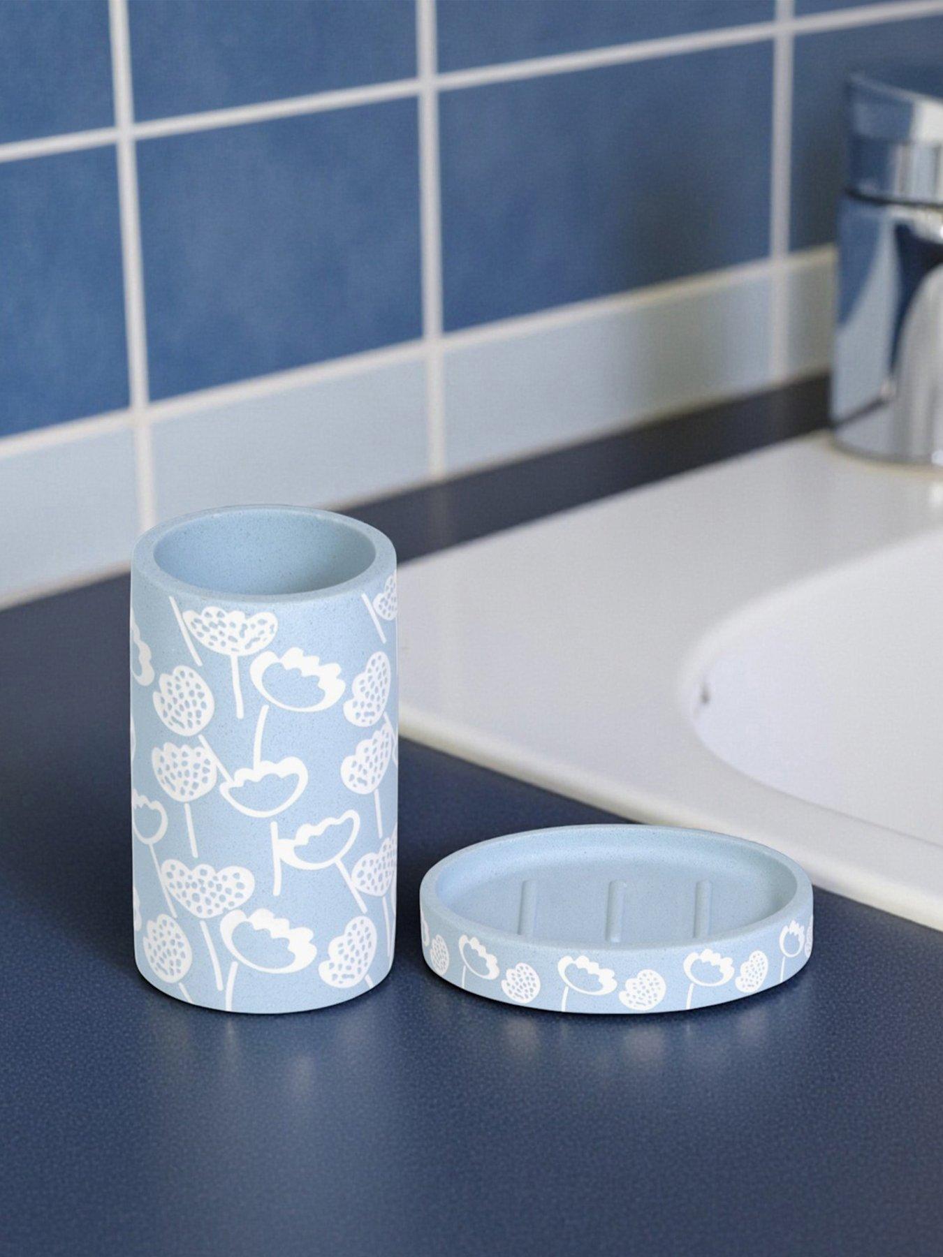 Showerdrape Buttercup Light Blue Floral Bathroom Accessory Set - Soap Dish  &  Tumbler