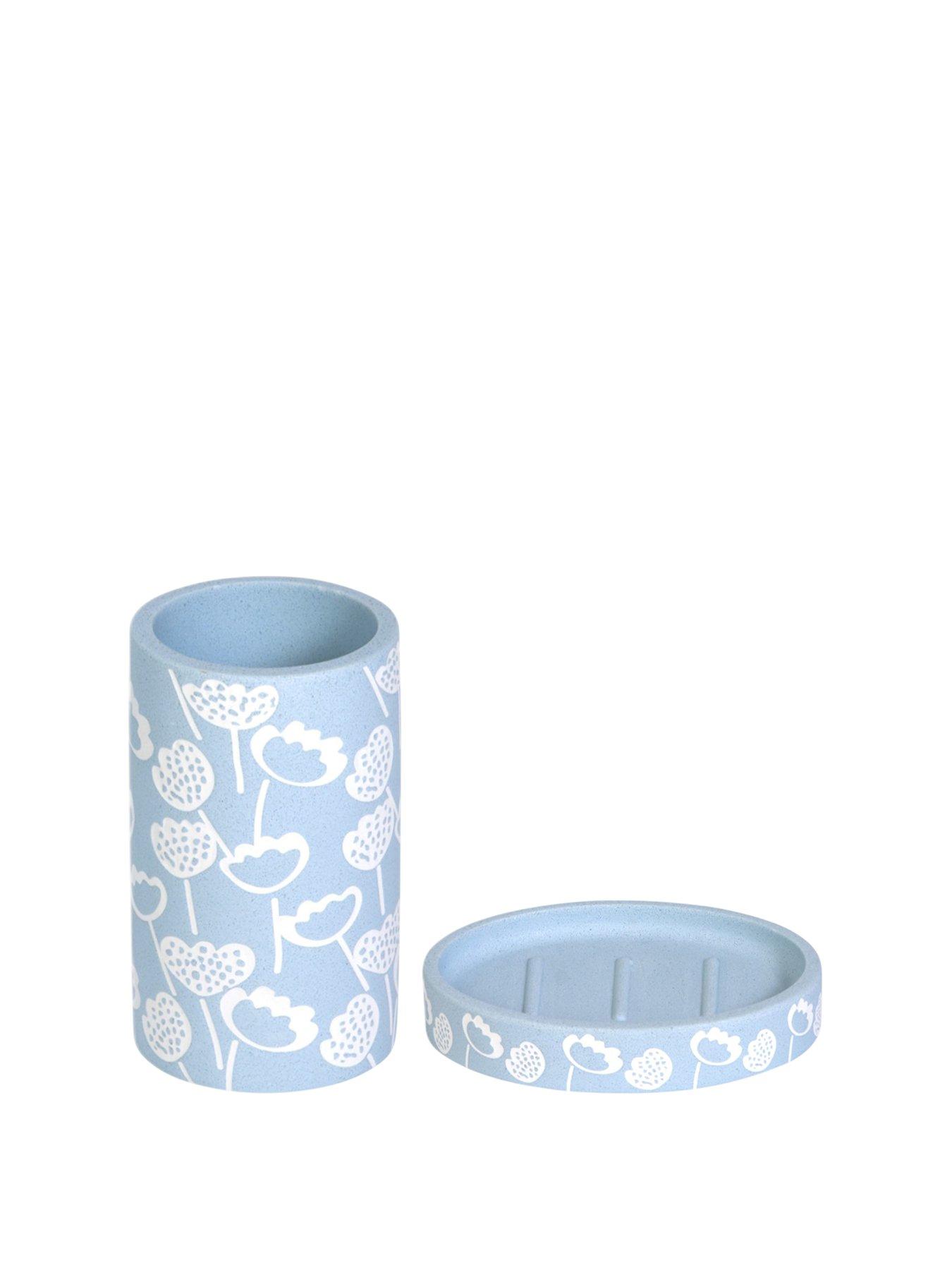 Image 2 of 6 of Showerdrape Buttercup Light Blue Floral Bathroom Accessory Set - Soap Dish &amp; Tumbler
