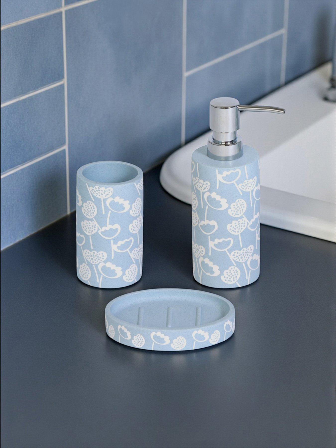 Showerdrape Buttercup Light Blue Floral Bathroom Accessory Set - Soap Dish  &  Tumbler  &  Liquid Soap Dispenser