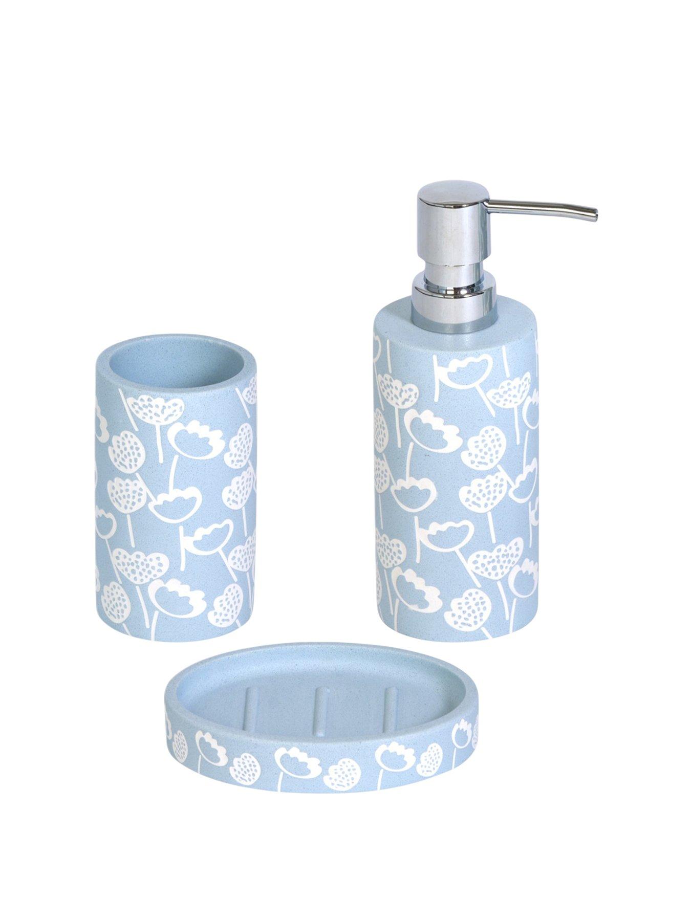 Image 2 of 5 of Showerdrape Buttercup Light Blue Floral Bathroom Accessory Set - Soap Dish &amp; Tumbler &amp; Liquid Soap Dispenser