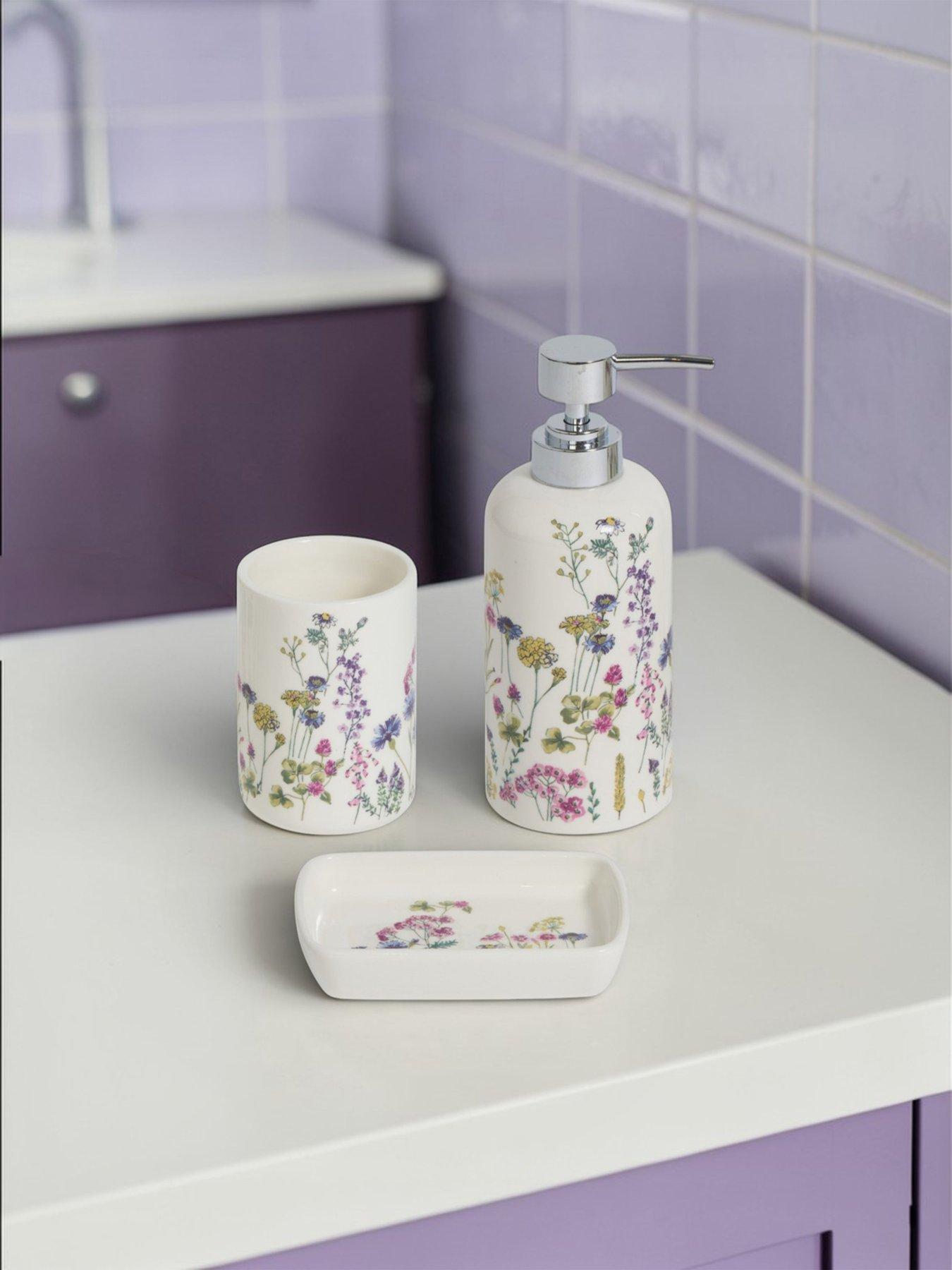 Showerdrape Meadow Wild FlowersFloral Bathroom Accessory Set - Soap Dish  &  Tumbler  &  Liquid Soap Dispenser