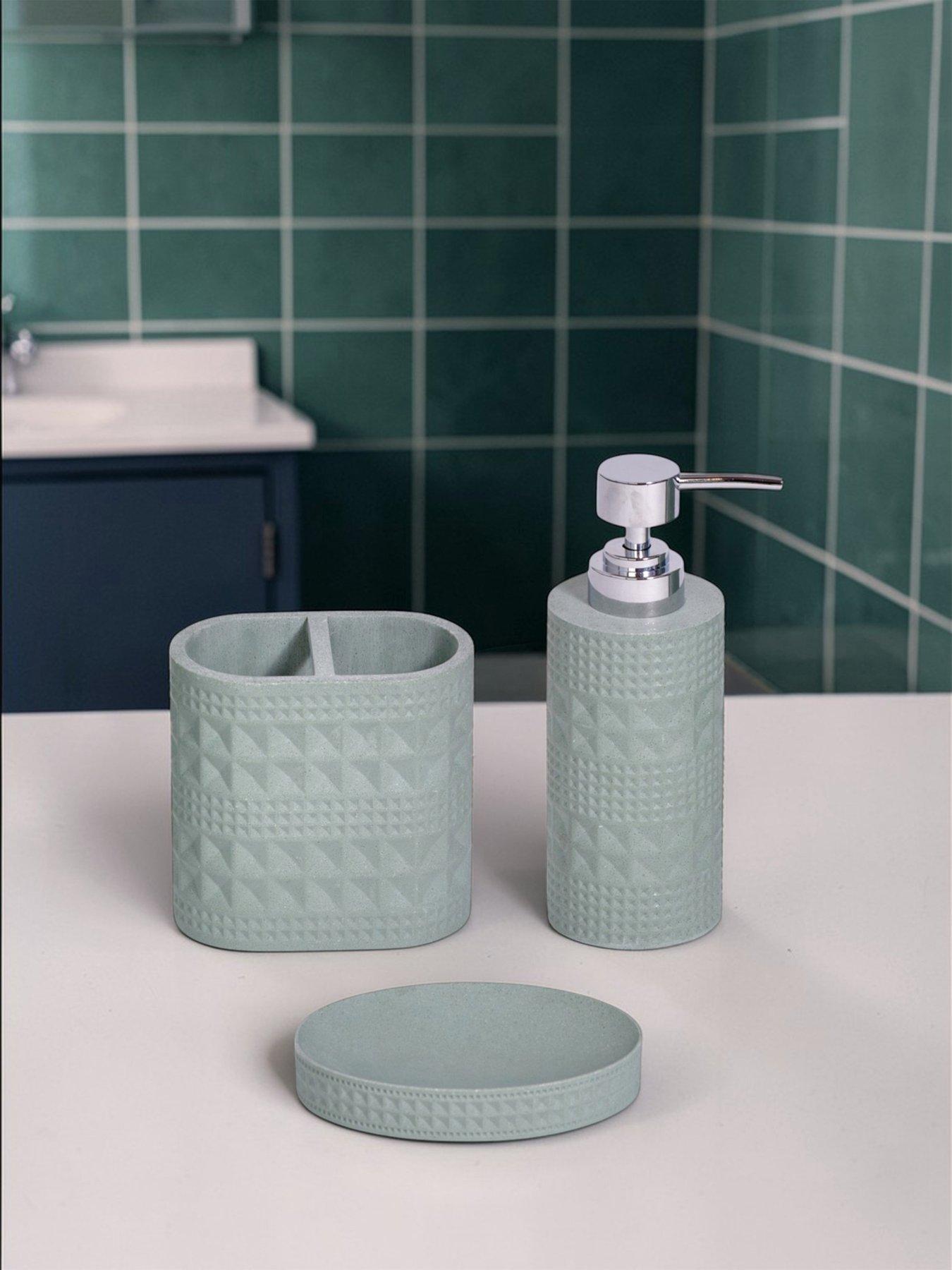 Showerdrape Maison Soft Green Shimmer Bathroom Accessory Set - Soap Dish  &  Toothbrush Holder  &  Liquid Soap Dispenser