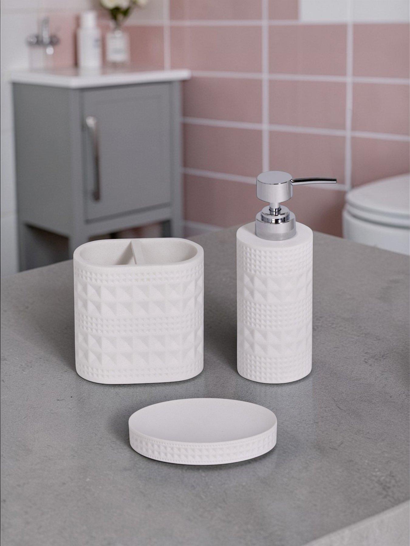Showerdrape Maison Soft White Shimmer Bathroom Accessory Set - Soap Dish  &  Toothbrush Holder  &  Liquid Soap Dispenser