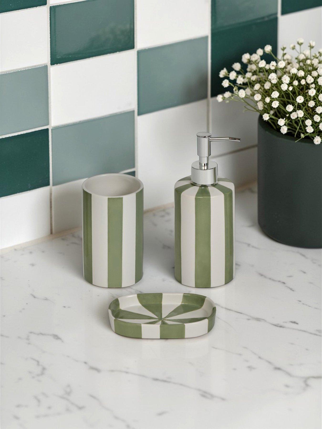 Showerdrape Pier Green  &  White Striped Bathroom Accessory Set - Soap Dish  &  Tumbler  &  Liquid Soap Dispenser