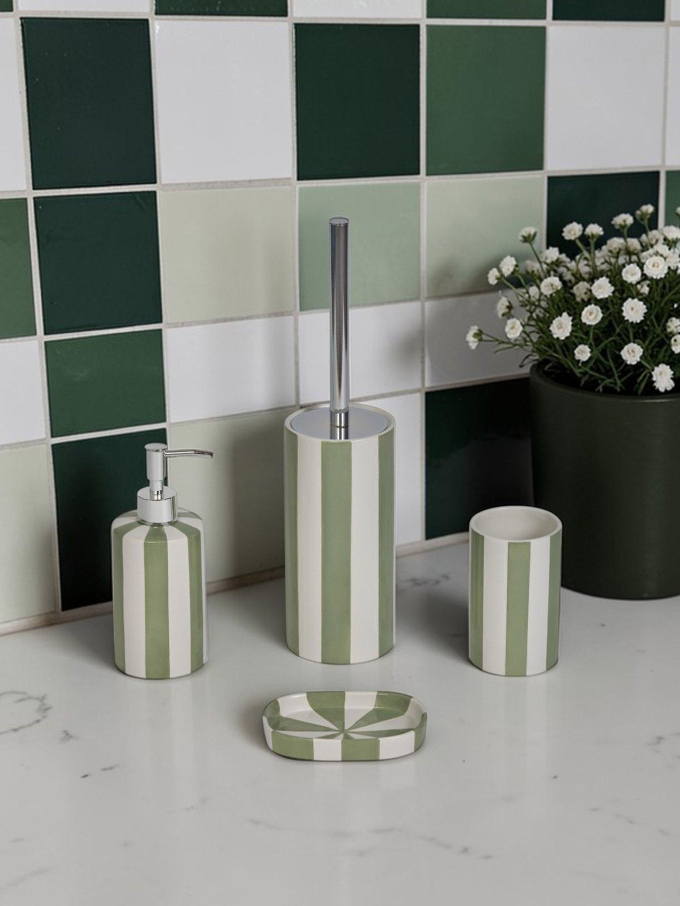 Showerdrape Pier Green  &  White Striped 4 Piece Bathroom Accessory Set