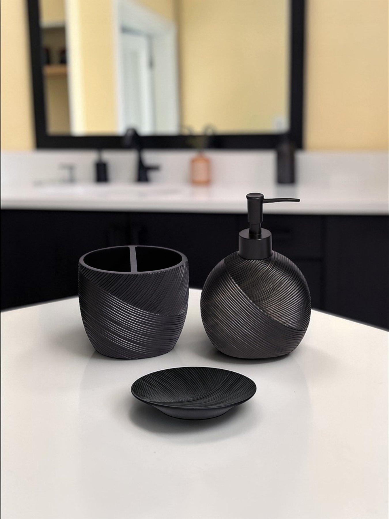 Showerdrape Ripple Black Textured Bathroom Accessory Set - Soap Dish  &  Toothbrush Holder  &  Liquid Soap Dispenser