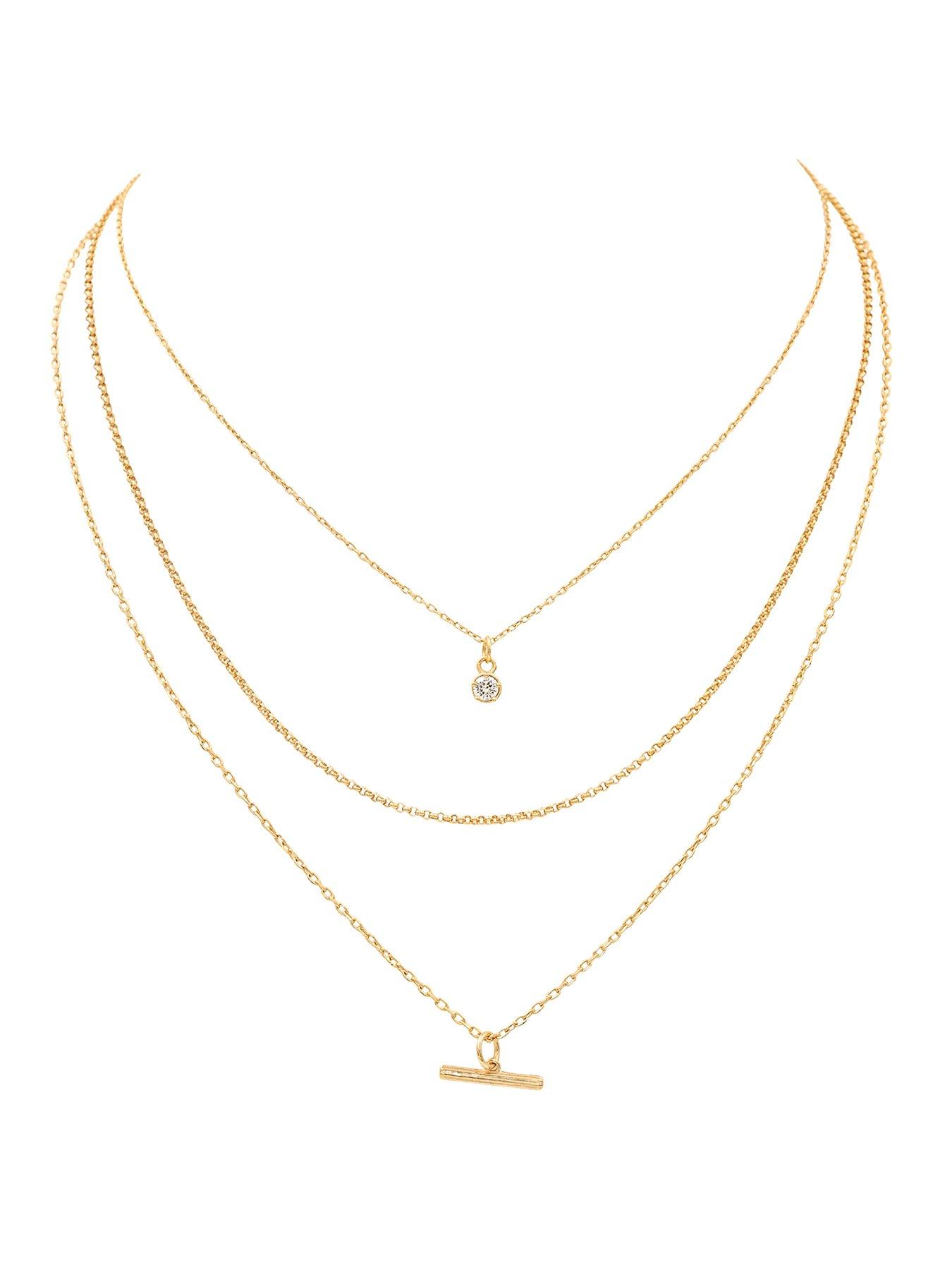 The Edit Hs T-Bar 18Ct Plated Sterling Silver Three Strand Cubic Zirconia T-Bar Necklace - Gold