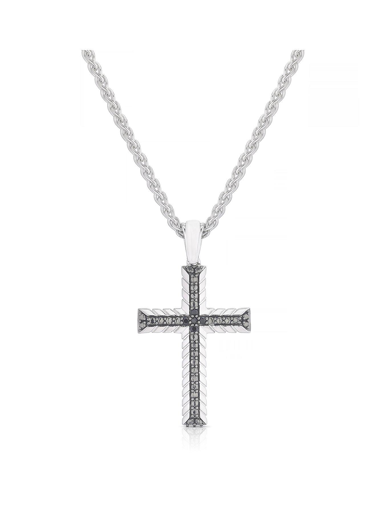 Ernest Jones Sterling Silver & Black Spinel Woven Edge Cross Shaped Pendant