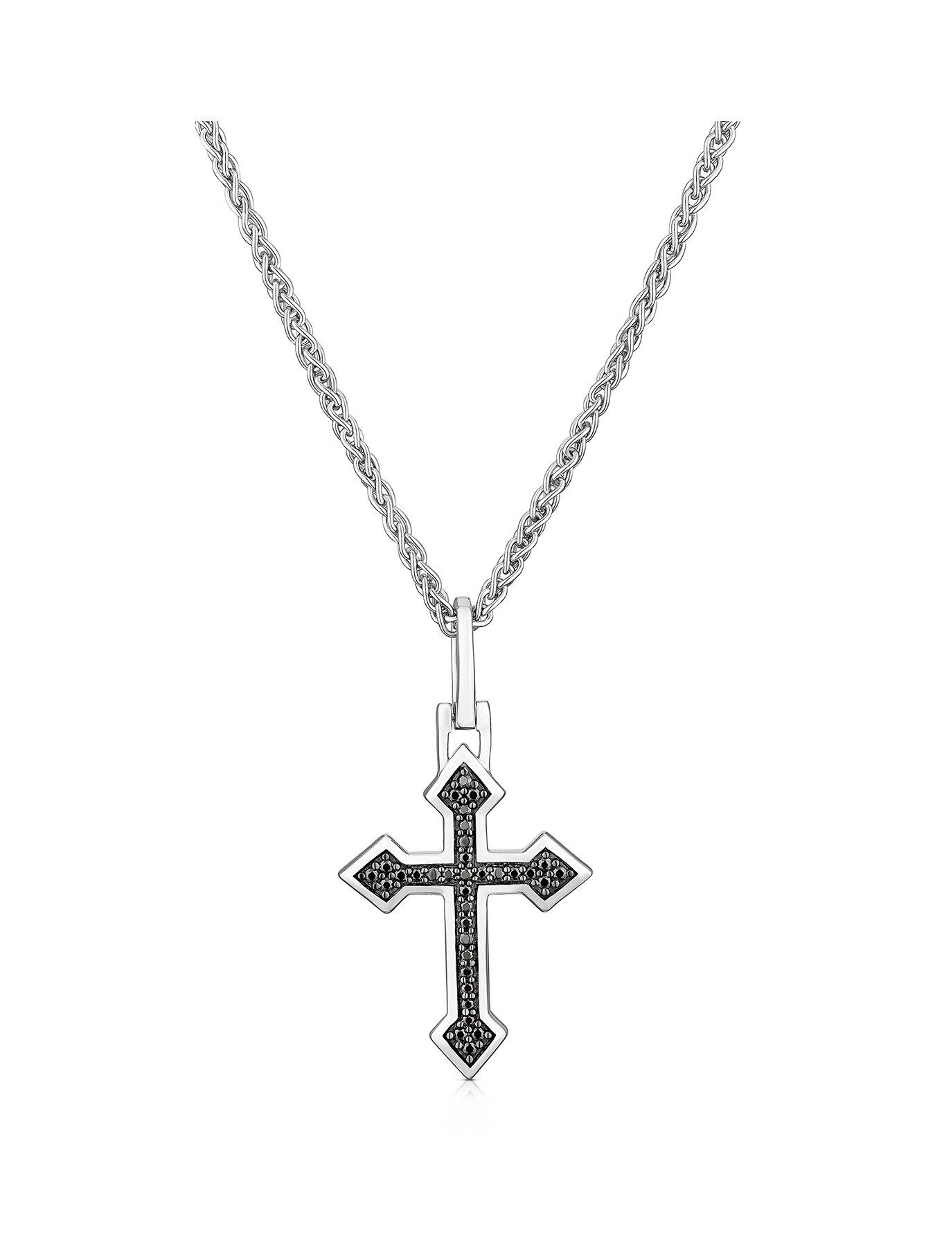 H. Samuel Sterling Men's Black Cubic Zirconia Cross Pendant Necklace - Silver