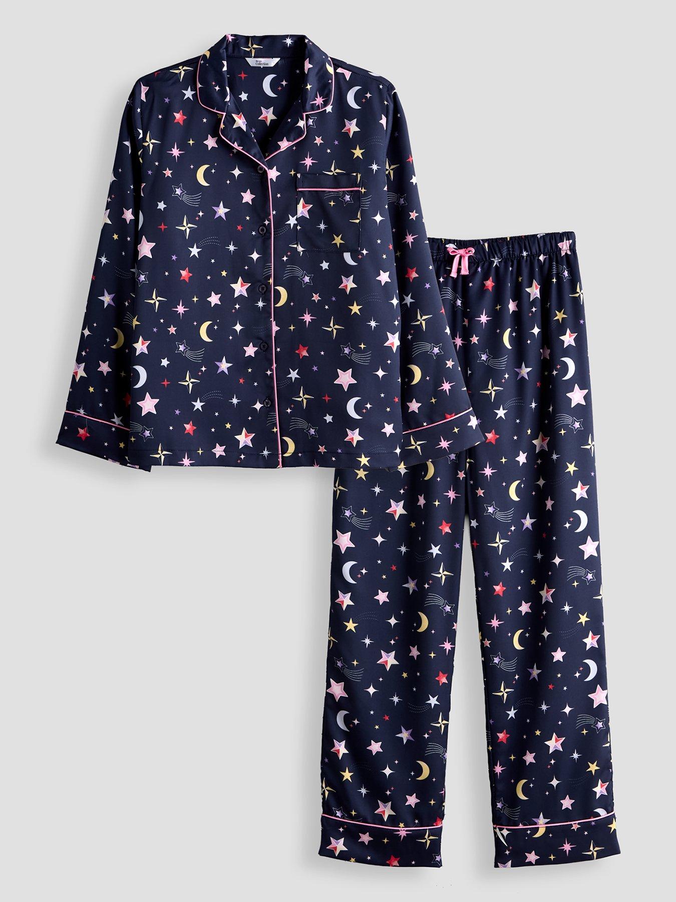 The Very Collection Kids' Satin Star Print Revere Pyjama Set - Navy