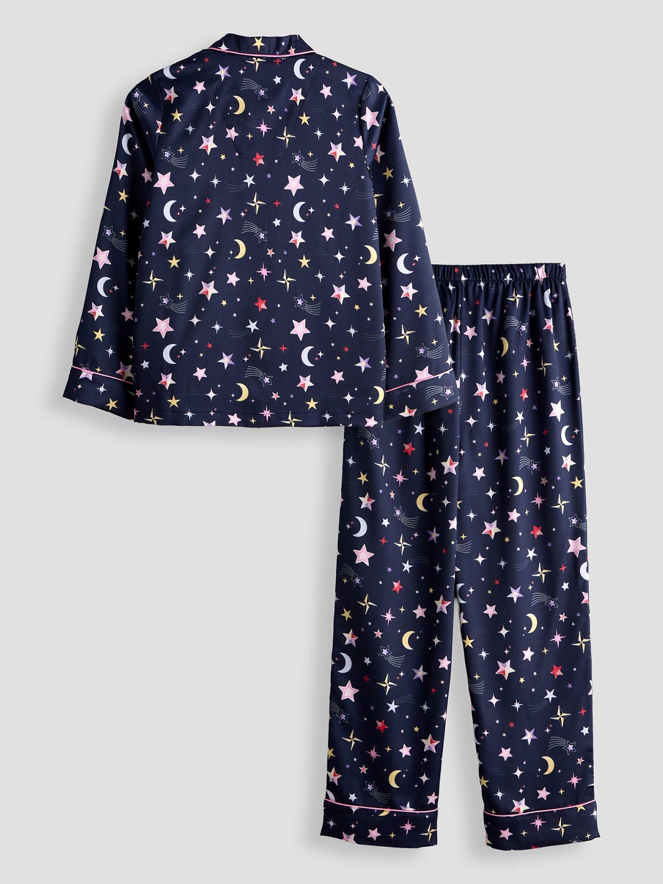 Image 2 of 5 of The Very Collection Girls Satin Star Print Revere Pyjama Set (3 - 16 years) - Navy