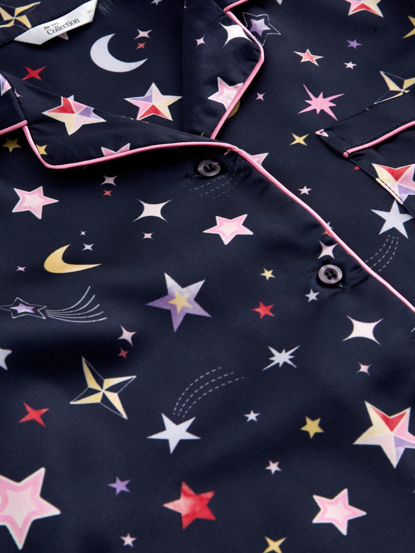 Image 3 of 5 of The Very Collection Girls Satin Star Print Revere Pyjama Set (3 - 16 years) - Navy