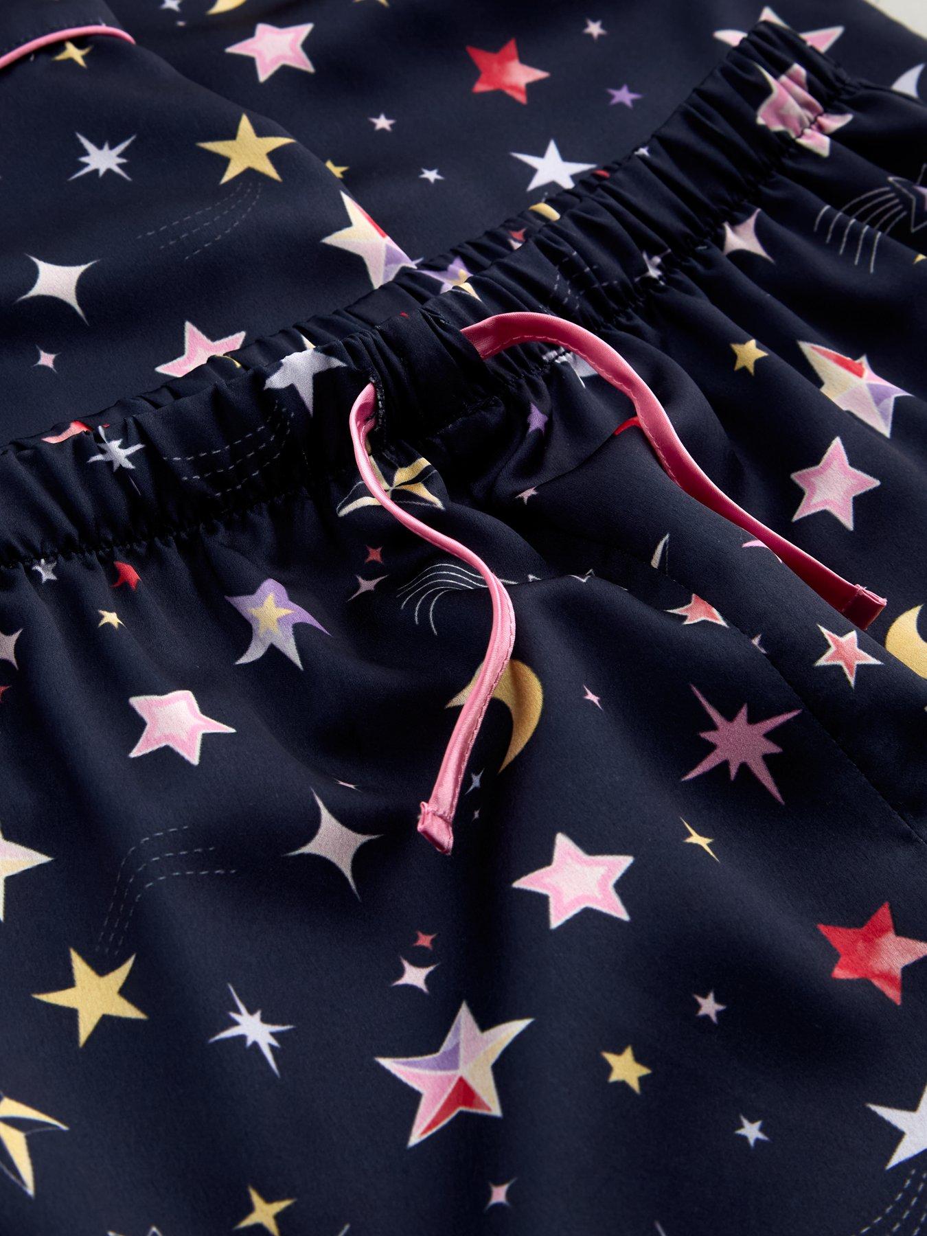Image 4 of 5 of The Very Collection Girls Satin Star Print Revere Pyjama Set (3 - 16 years) - Navy