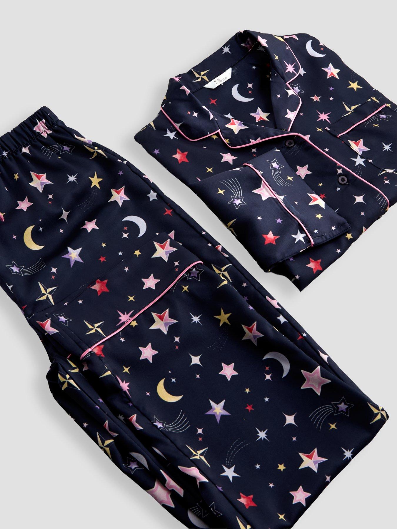 Image 5 of 5 of The Very Collection Girls Satin Star Print Revere Pyjama Set (3 - 16 years) - Navy