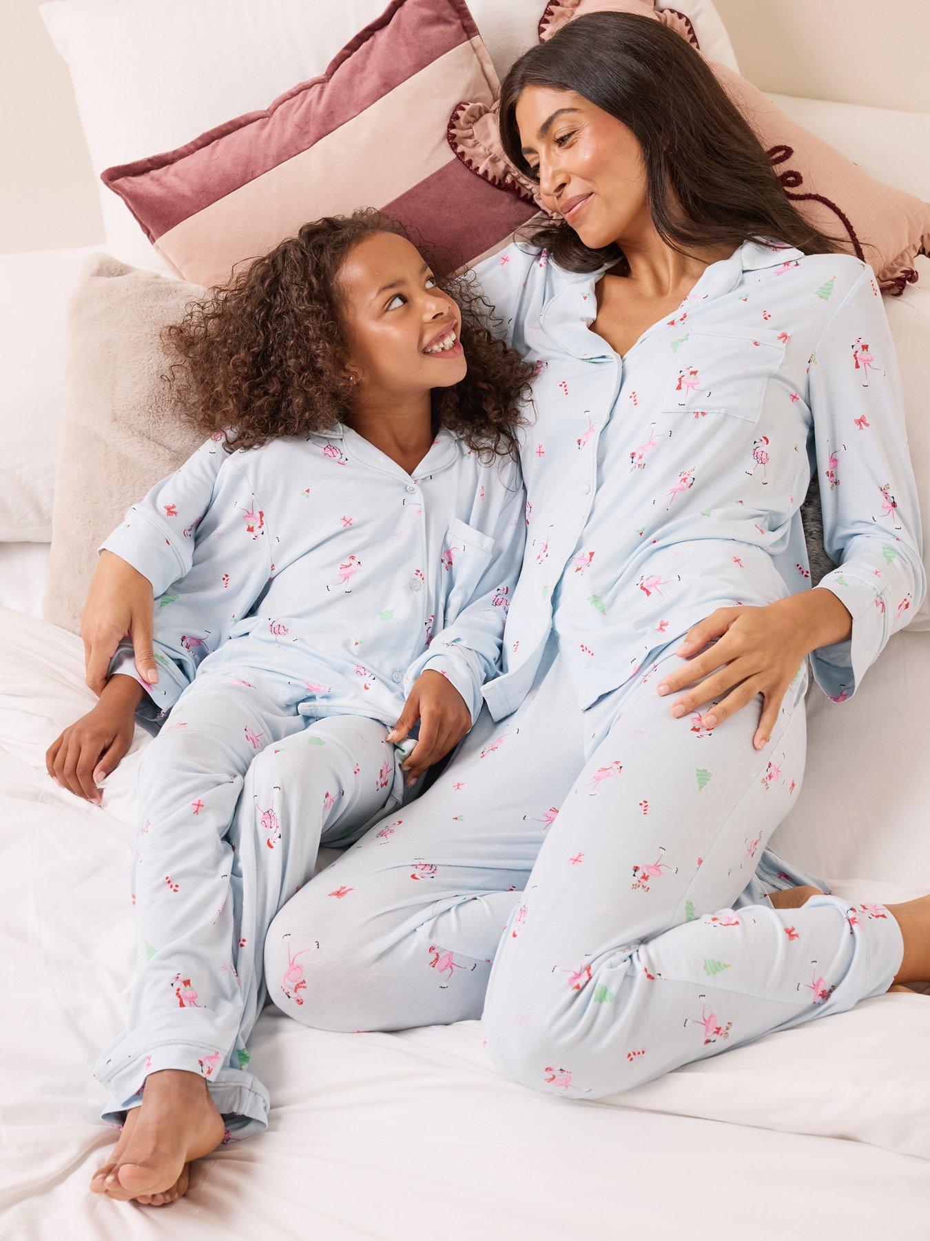 The Very Collection Girls Family Christmas Pyjama Flamingo Revere Set - Blue