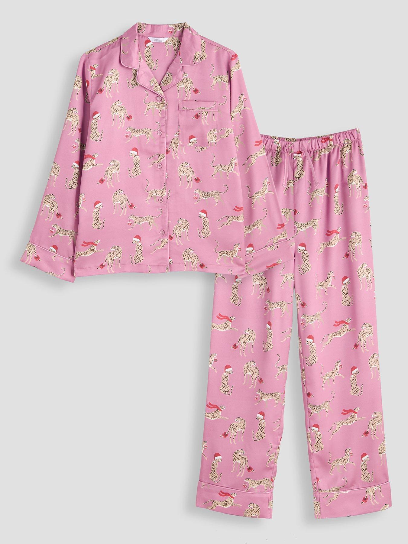Image 1 of 5 of The Very Collection Girls Satin-Feel Christmas Cat Button-Through Pyjamas - Multi