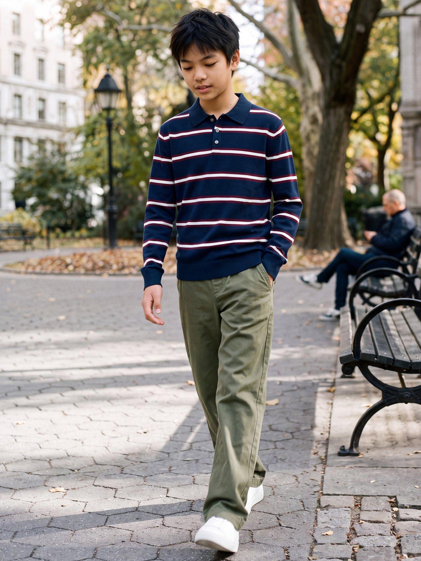 Jack & Jones Junior Boys Long Sleeve Knitted Stripe Polo - Navy in Sky Captain