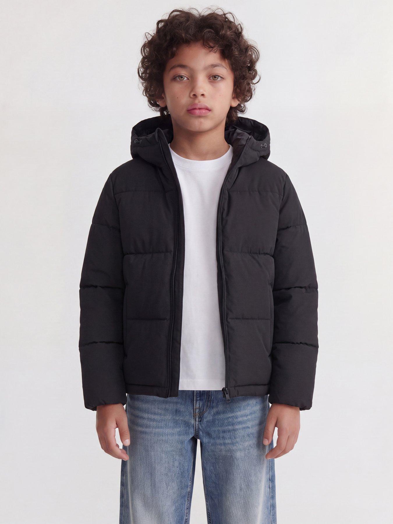 Image 1 of 6 of Jack & Jones Junior Boys Galaxy Padded Hooded Puffer Coat - Black