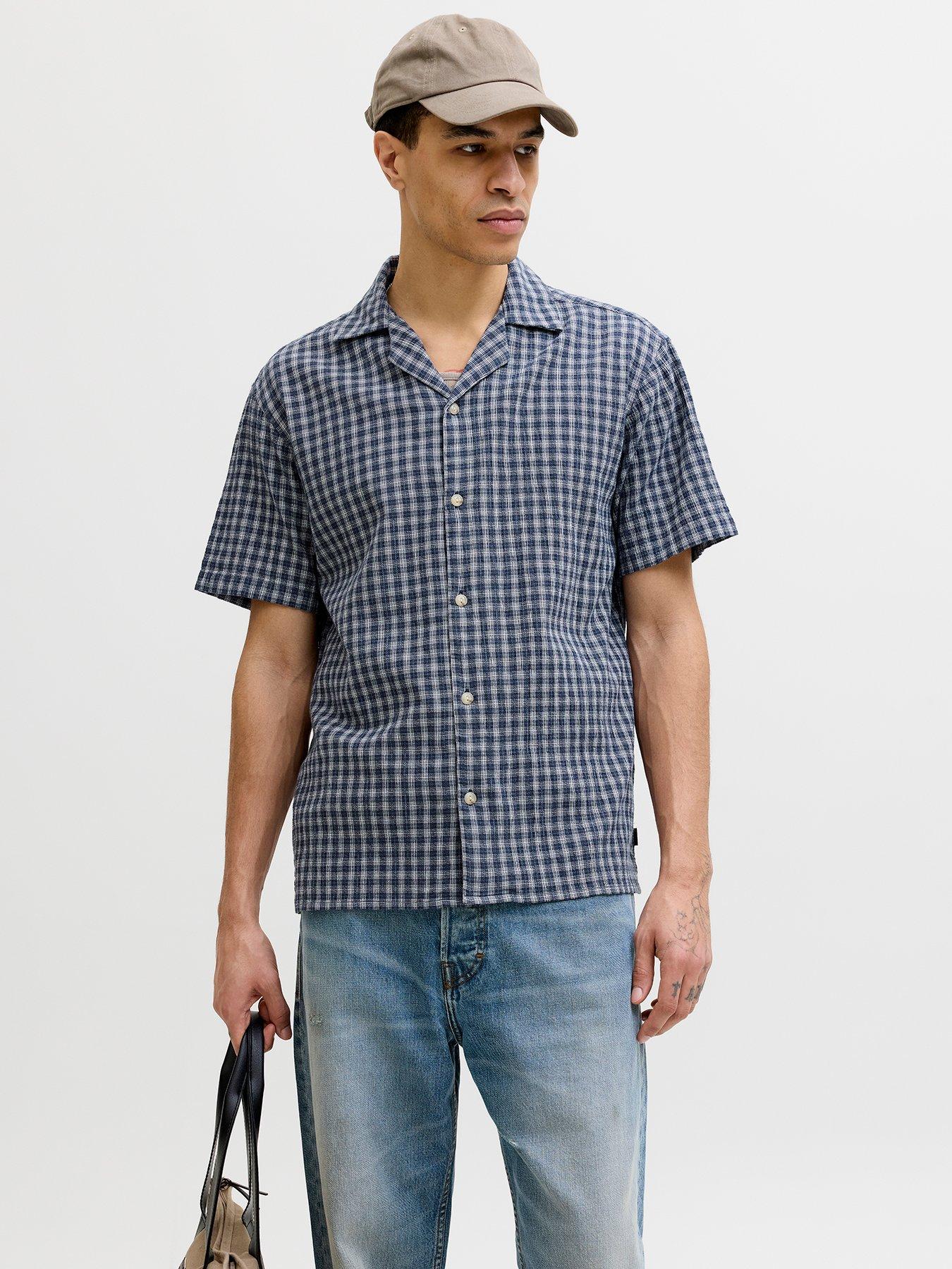 Jack & Jones Premium Blu Levi Dobby Short Sleeve Check Resort Shirt - Blue