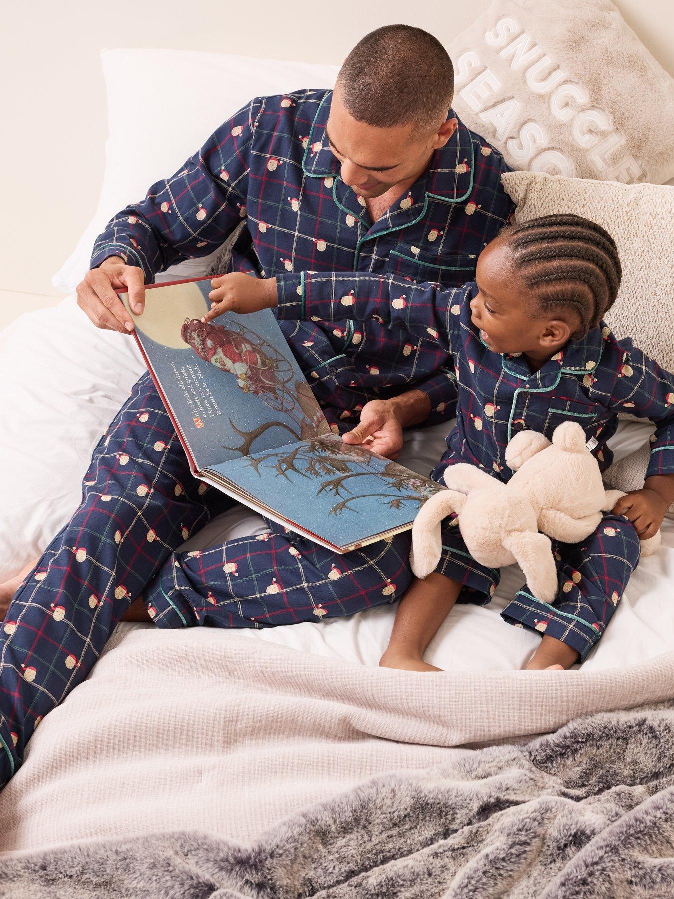 Image 1 of 6 of The Very Collection Boys Family Christmas Woven Santa Printed Check Pyjamas - Navy