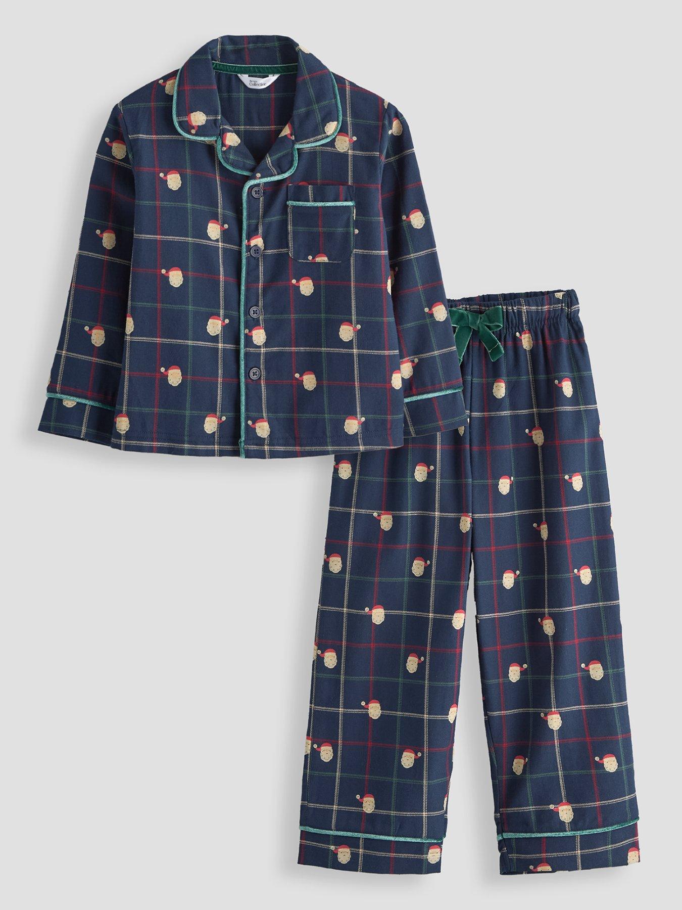 Image 2 of 6 of The Very Collection Boys Family Christmas Woven Santa Printed Check Pyjamas - Navy