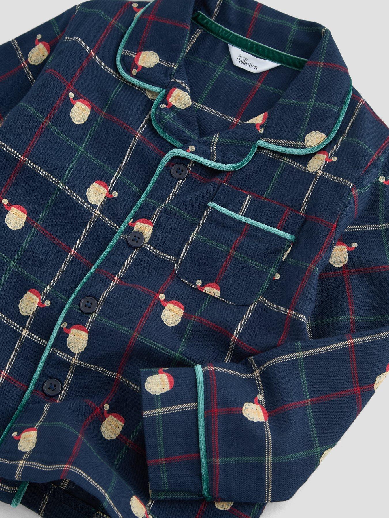 Image 4 of 6 of The Very Collection Boys Family Christmas Woven Santa Printed Check Pyjamas - Navy