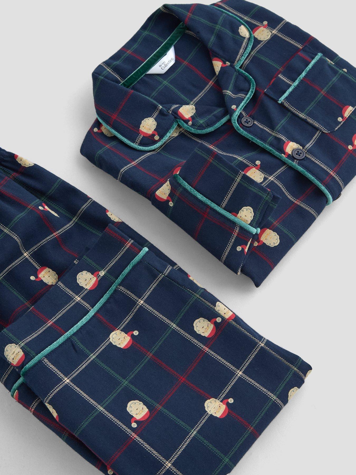 Image 6 of 6 of The Very Collection Boys Family Christmas Woven Santa Printed Check Pyjamas - Navy
