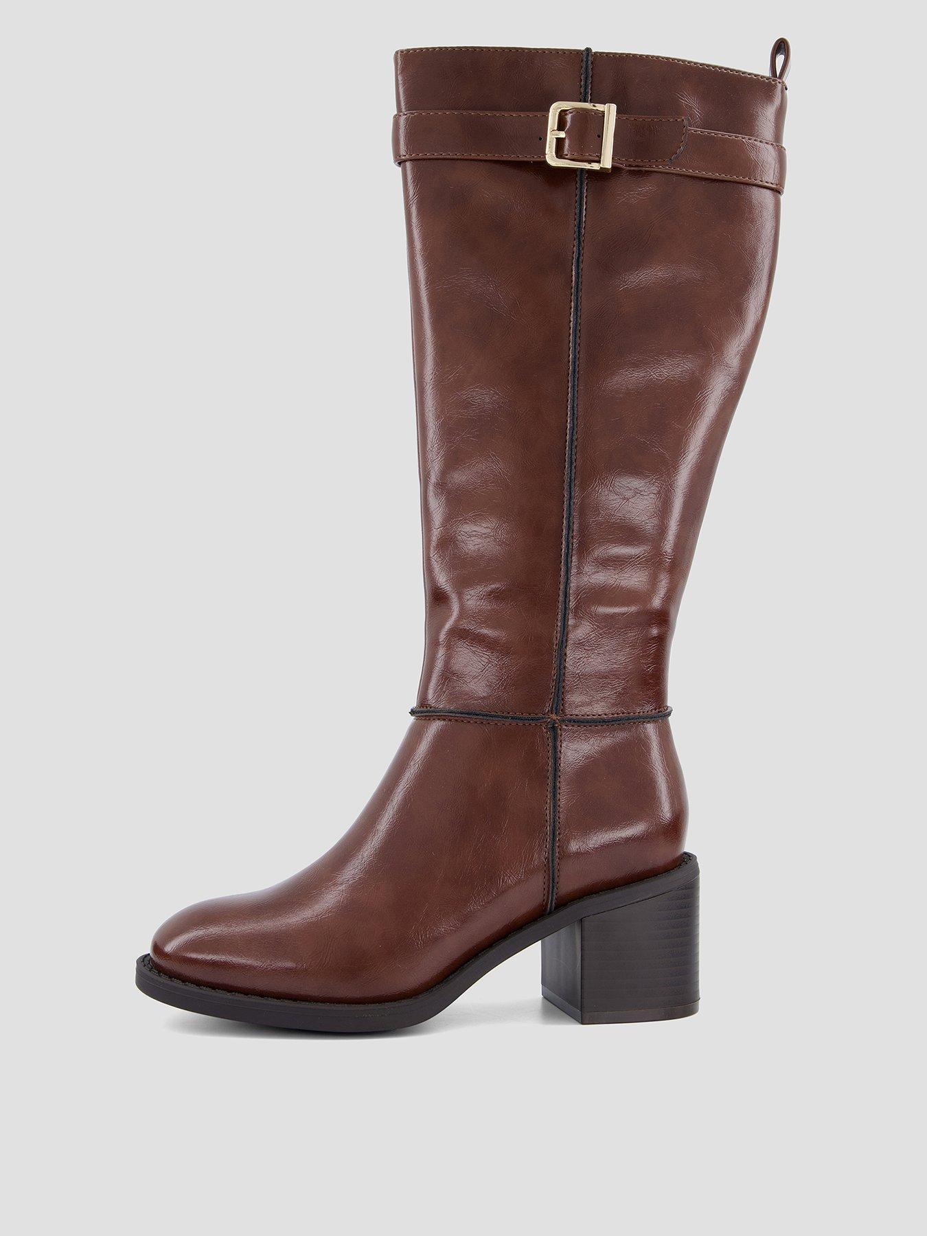 Image 1 of 7 of The Very Collection Womens Wide Fit Block Heel Buckle Strap Knee High Boots - Dark Tan