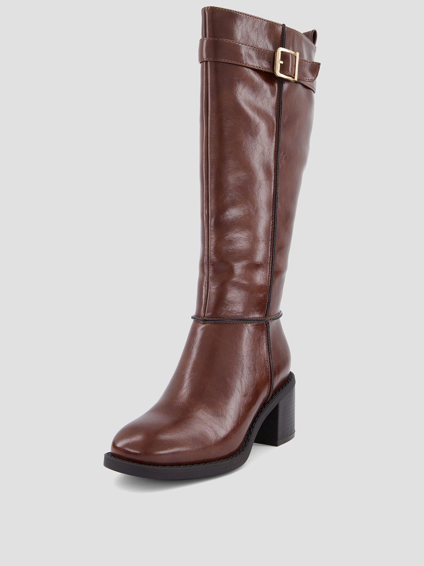 Image 2 of 7 of The Very Collection Womens Wide Fit Block Heel Buckle Strap Knee High Boots - Dark Tan