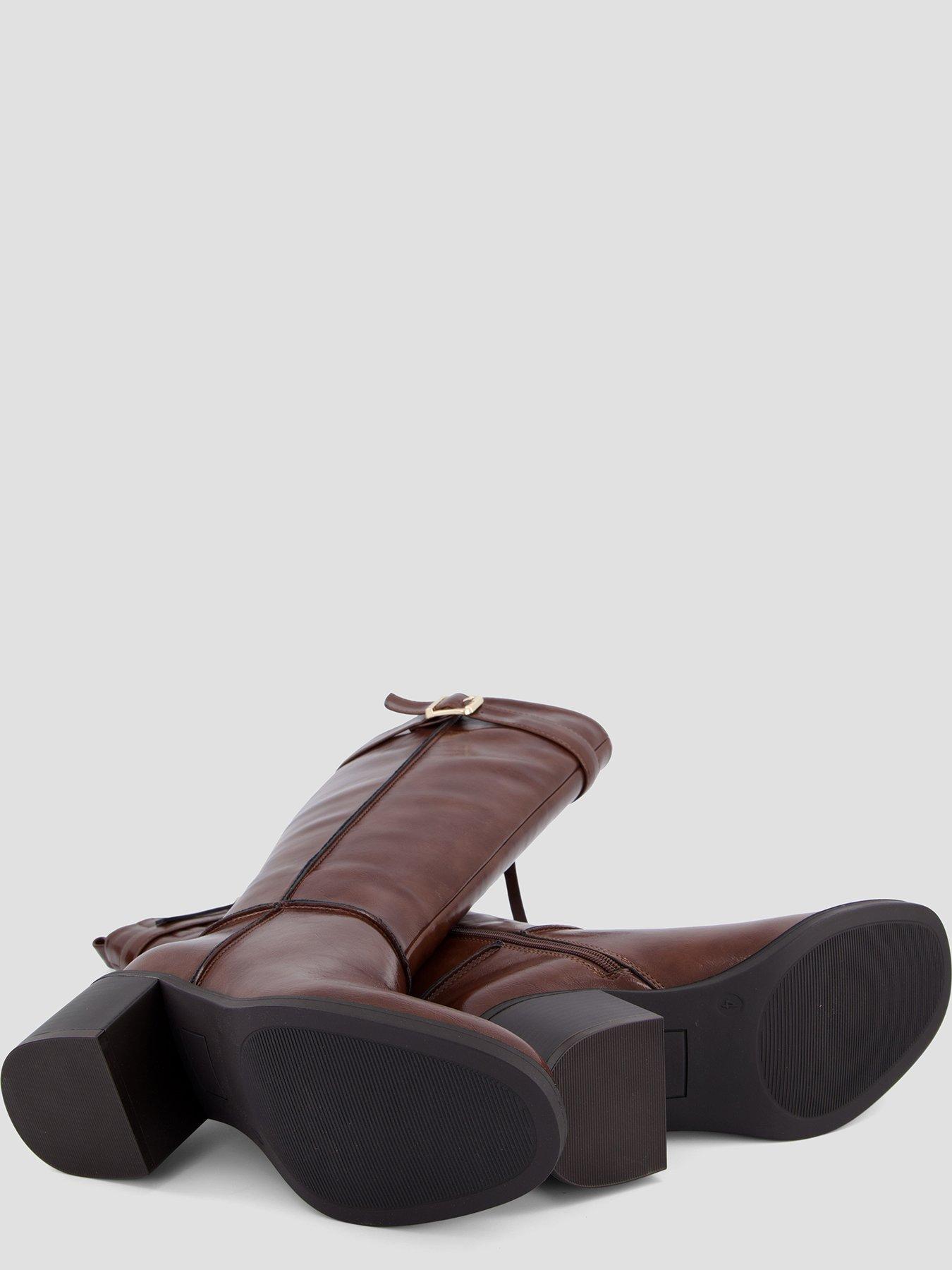 Image 4 of 7 of The Very Collection Womens Wide Fit Block Heel Buckle Strap Knee High Boots - Dark Tan