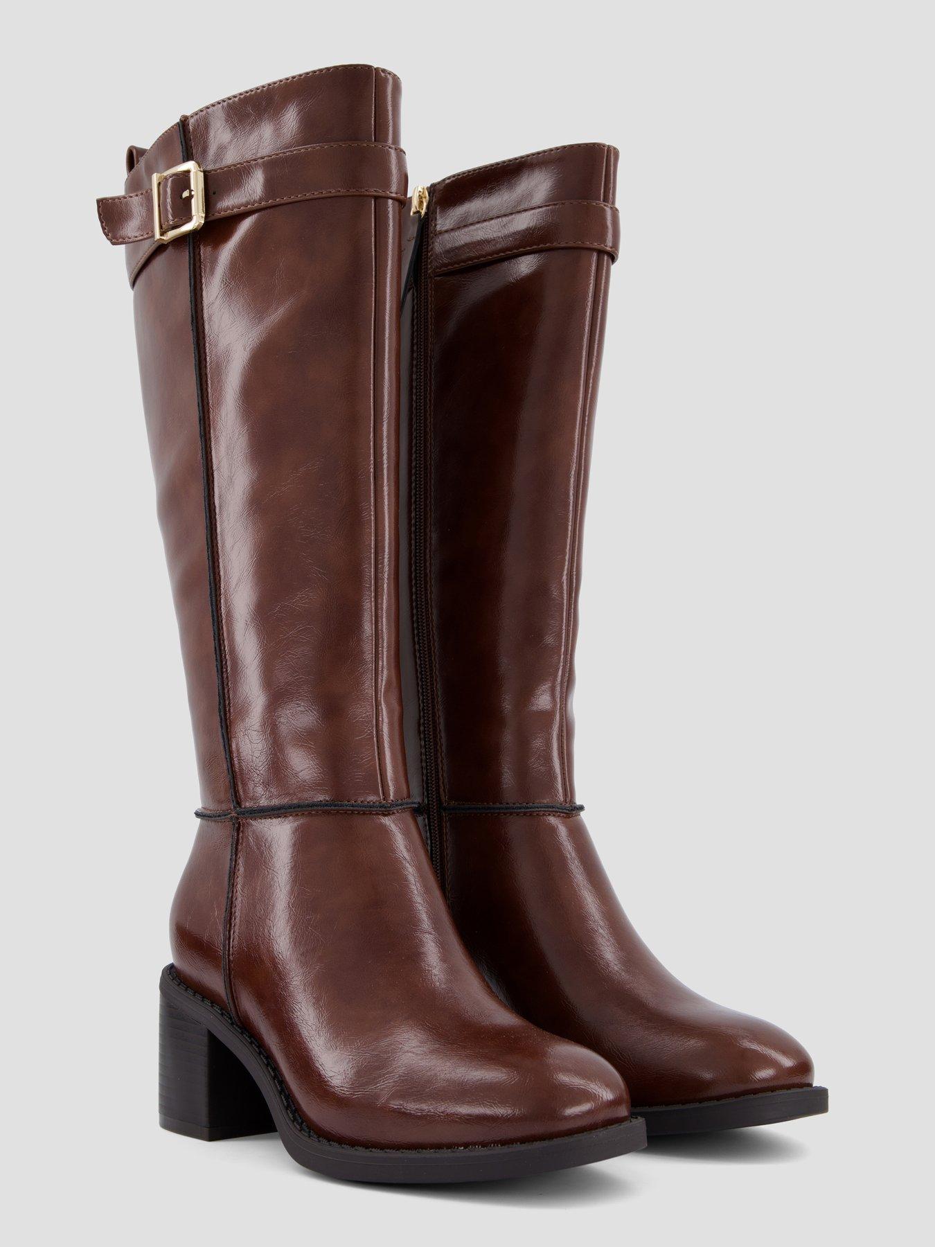 Image 6 of 7 of The Very Collection Womens Wide Fit Block Heel Buckle Strap Knee High Boots - Dark Tan