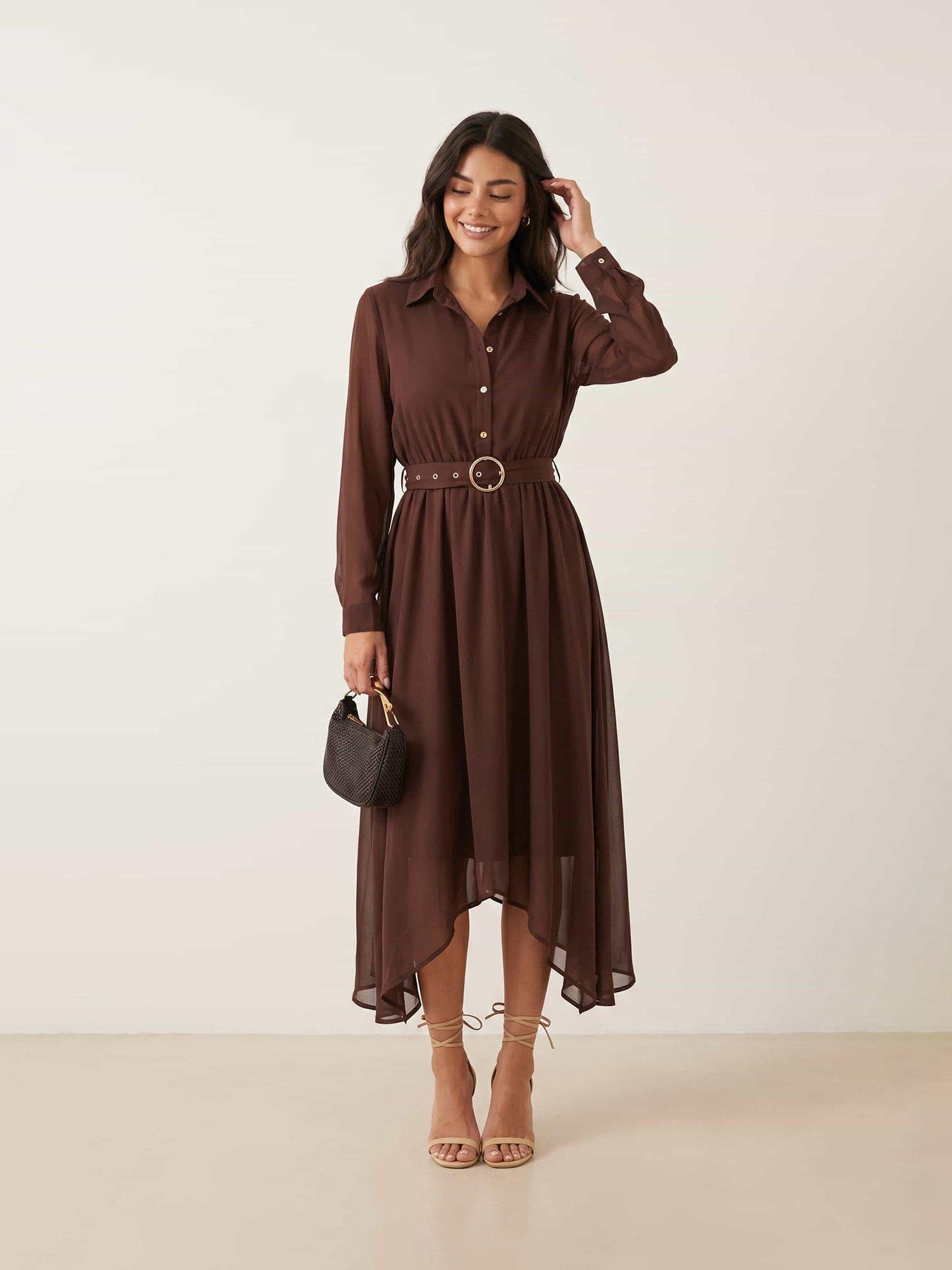 Style Cheat Hanky Hem Belted Dress - Brown