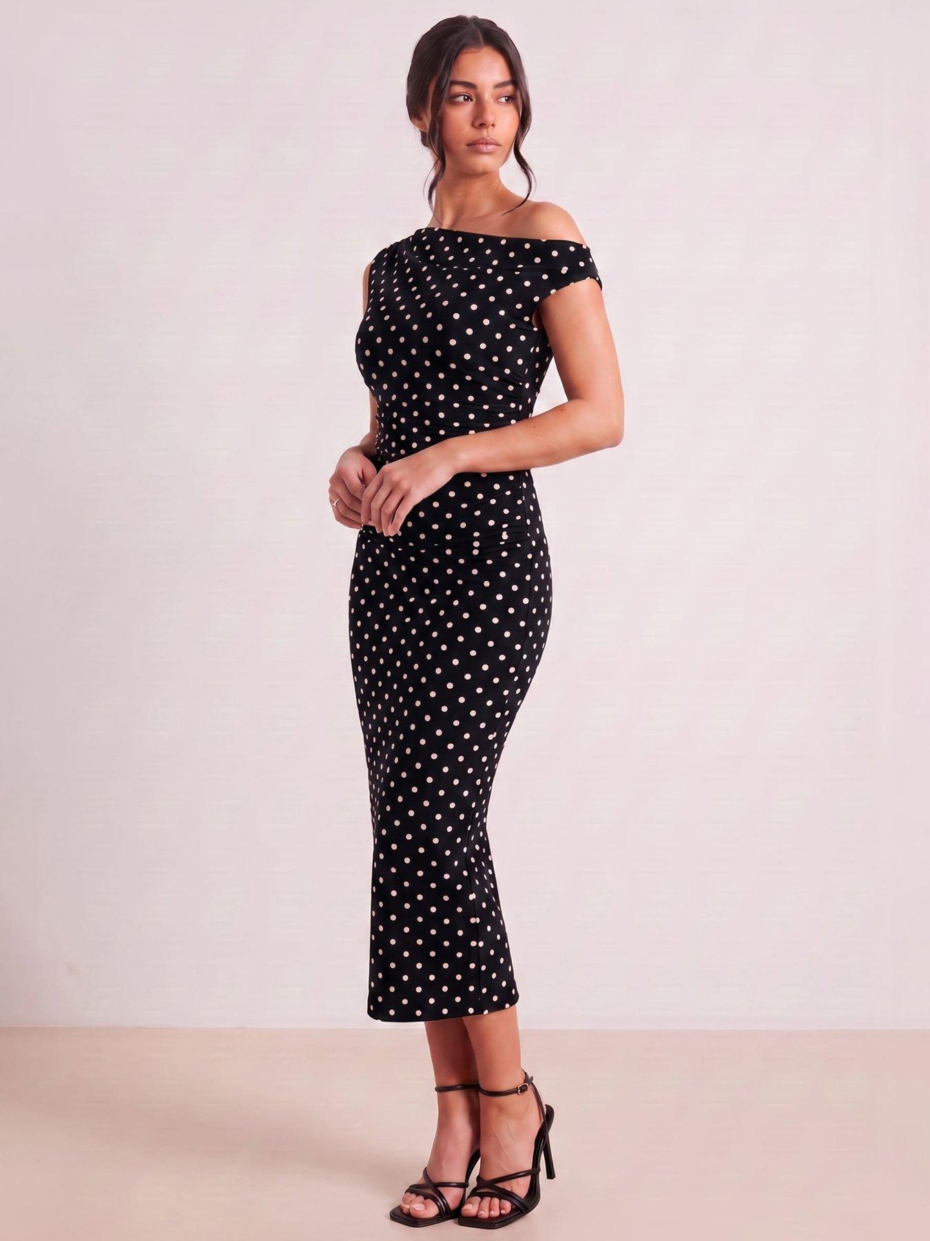 Style Cheat Asymmetric Ruched Spot Dress - Black