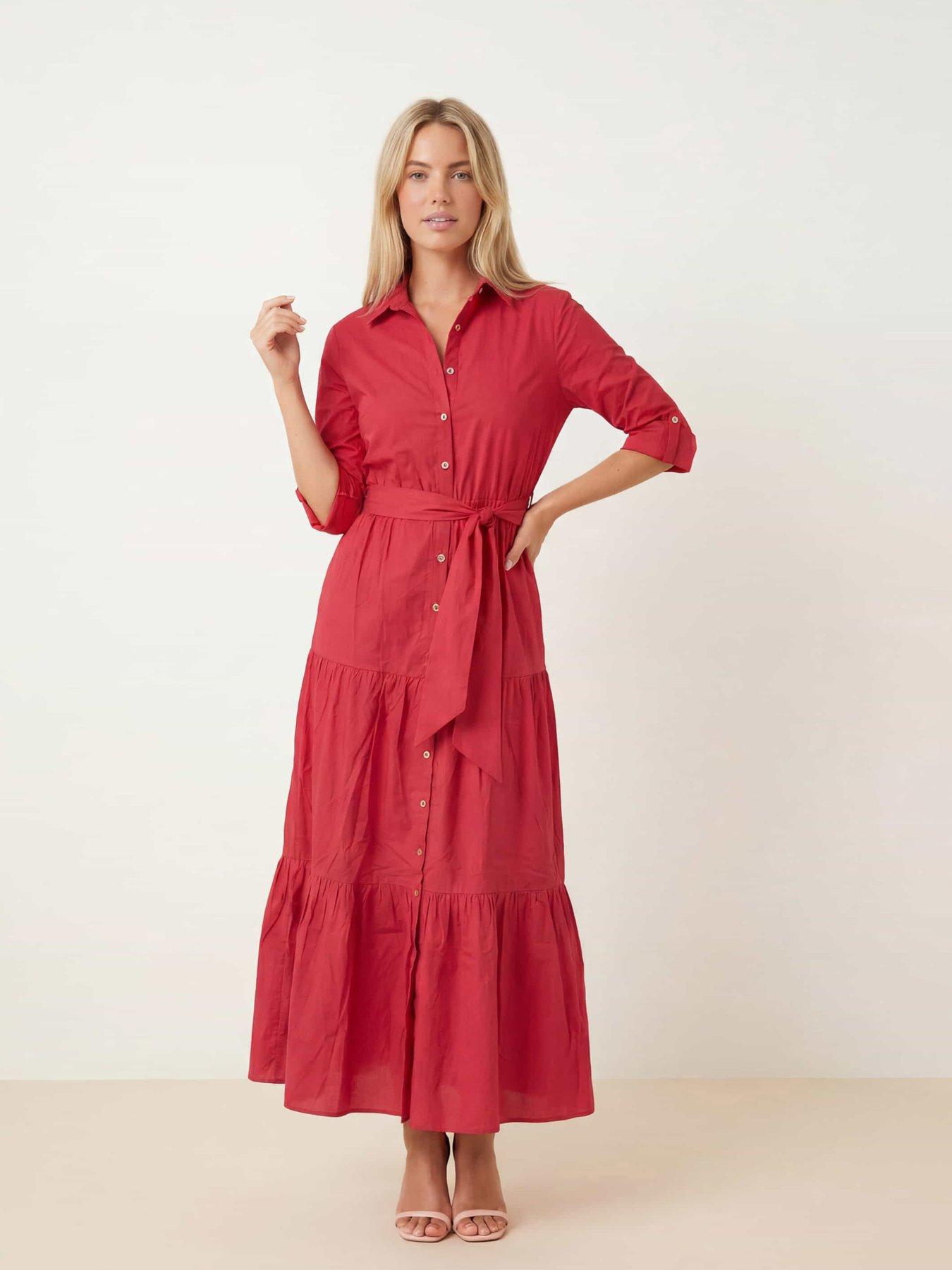 Style Cheat Cotton Tiered Shirt Dress - Red