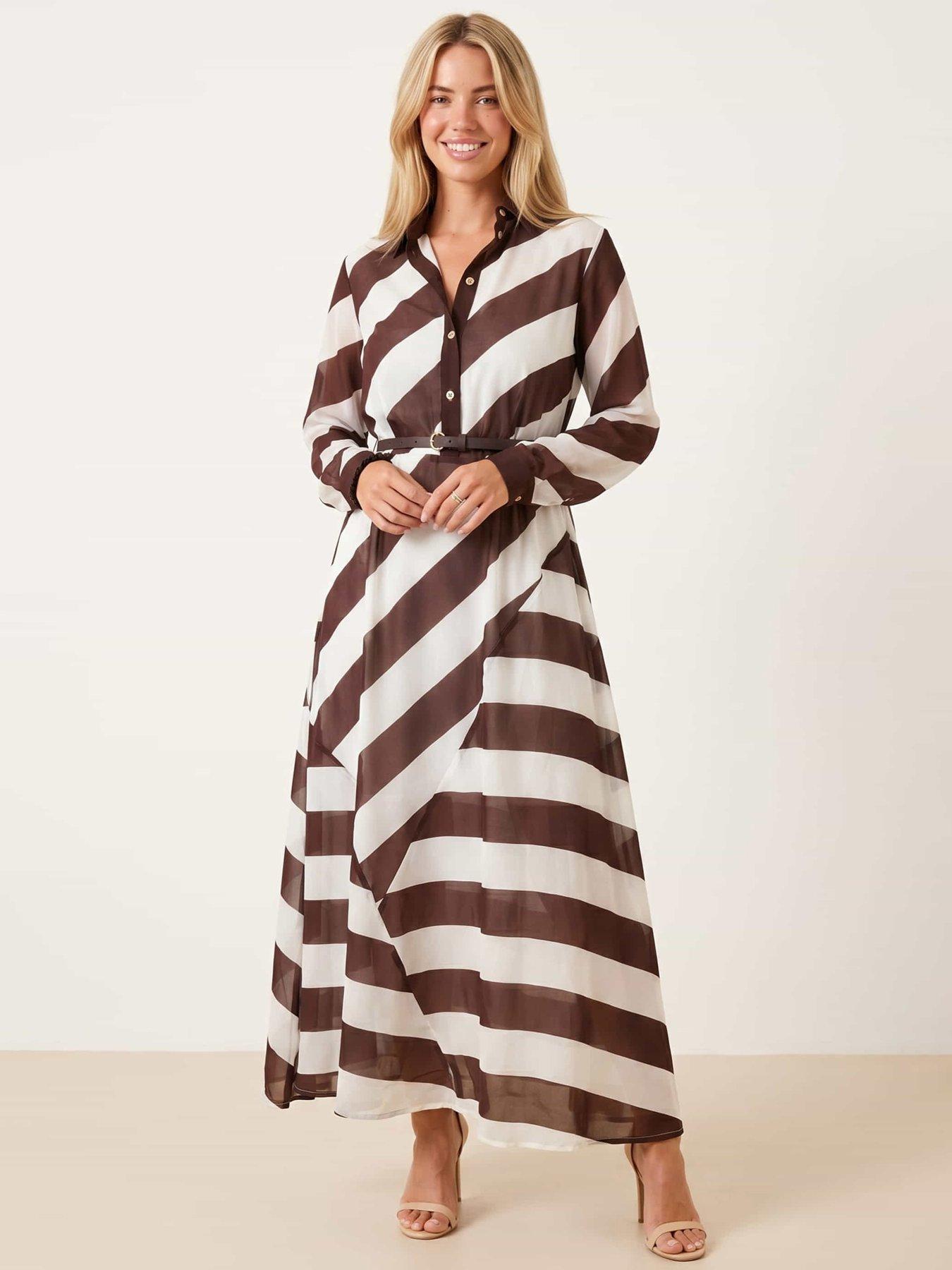 Style Cheat Stripe Belted Shirt Dress - Brown