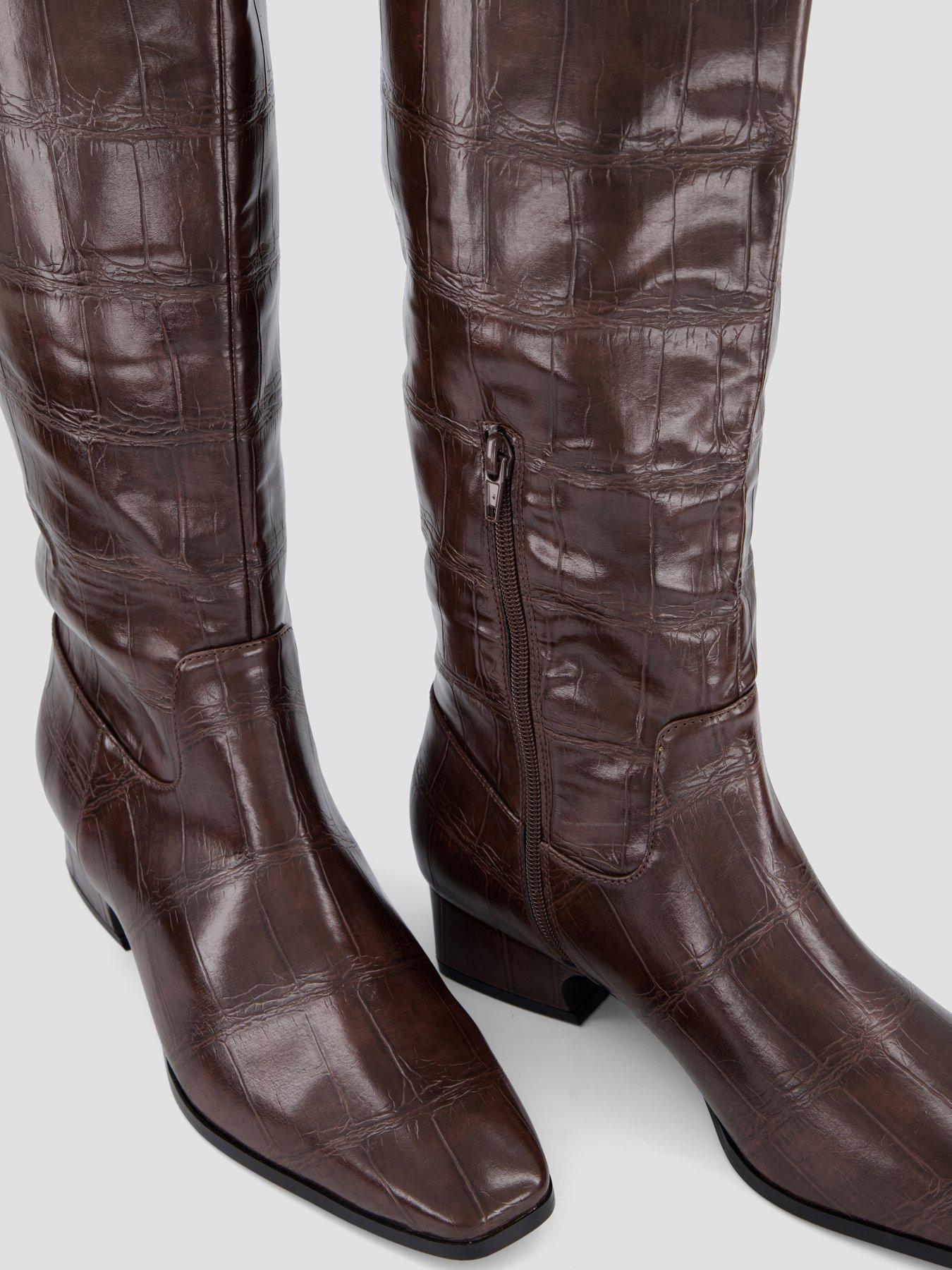 Image 6 of 8 of The Very Collection Wide Fit Chisel Toe Croc Knee Boot - Brown