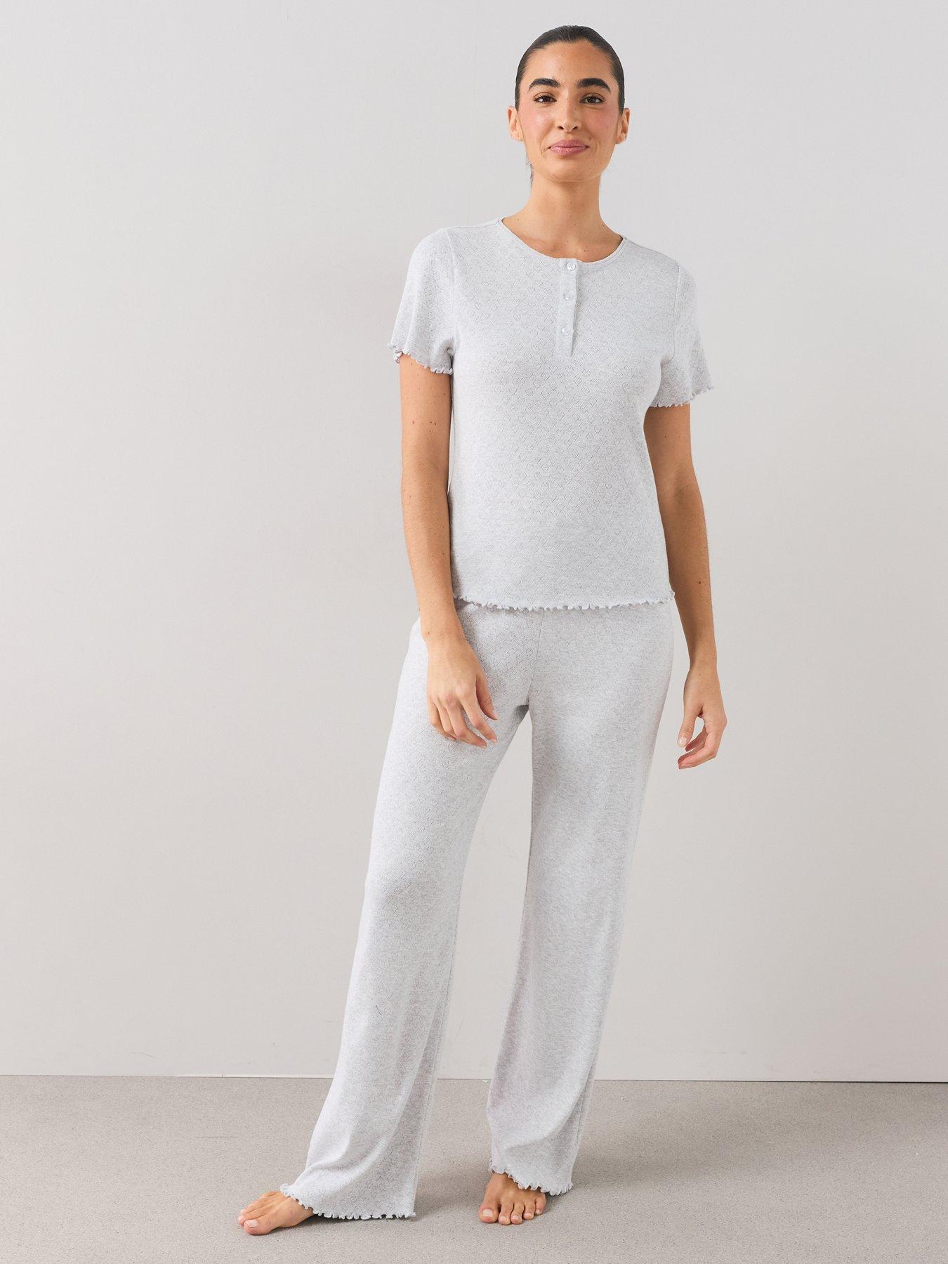 Image 1 of 7 of The Very Collection Heart Pointelle Frill Short Sleeve Top And Wide Leg Pyjama Set - Grey