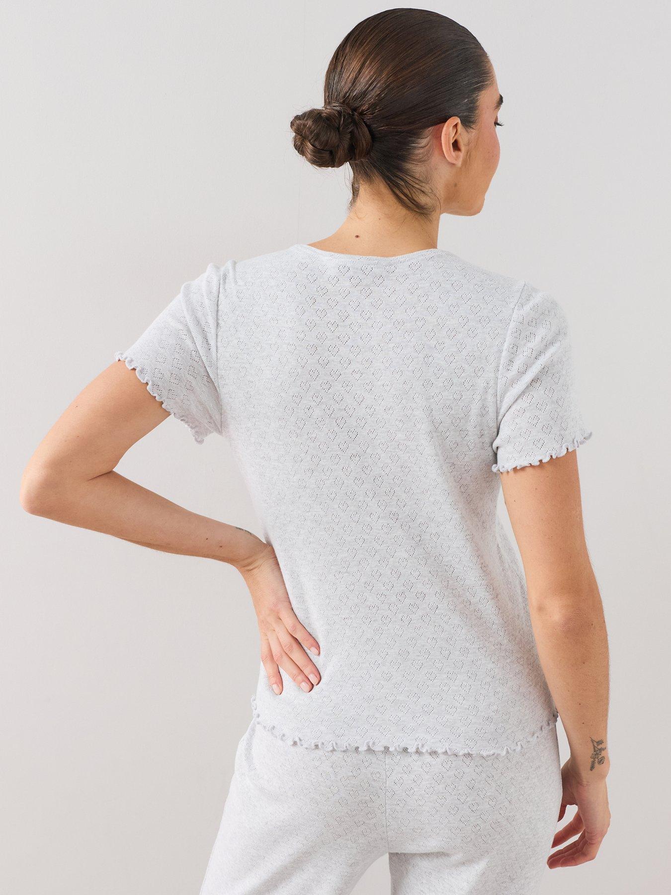 Image 2 of 7 of The Very Collection Heart Pointelle Frill Short Sleeve Top And Wide Leg Pyjama Set - Grey