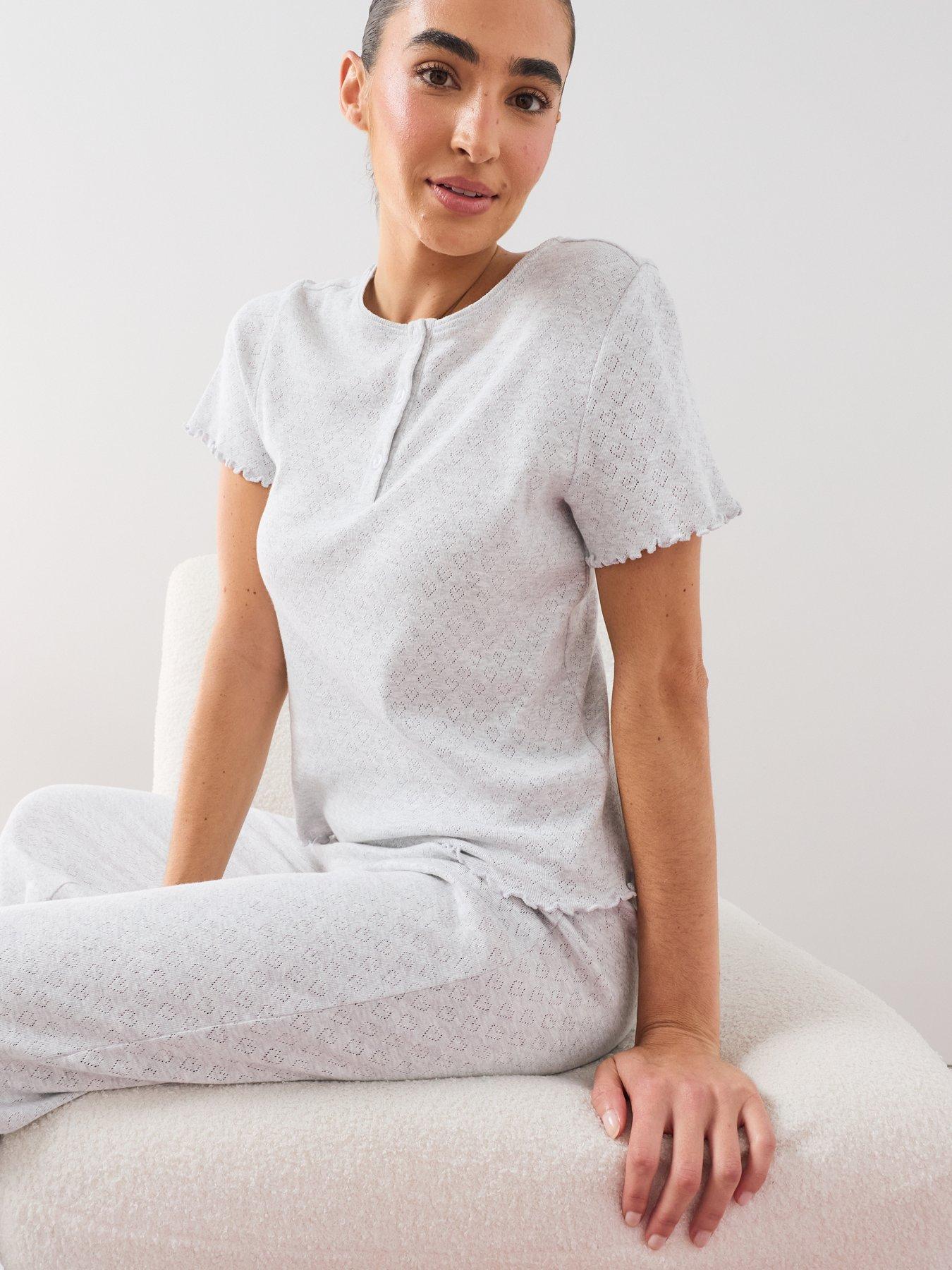 Image 4 of 7 of The Very Collection Heart Pointelle Frill Short Sleeve Top And Wide Leg Pyjama Set - Grey