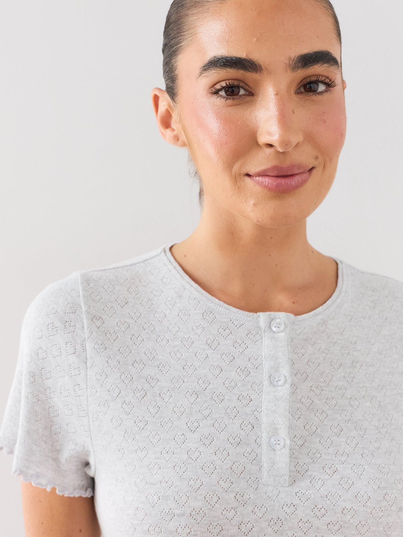 Image 6 of 7 of The Very Collection Heart Pointelle Frill Short Sleeve Top And Wide Leg Pyjama Set - Grey