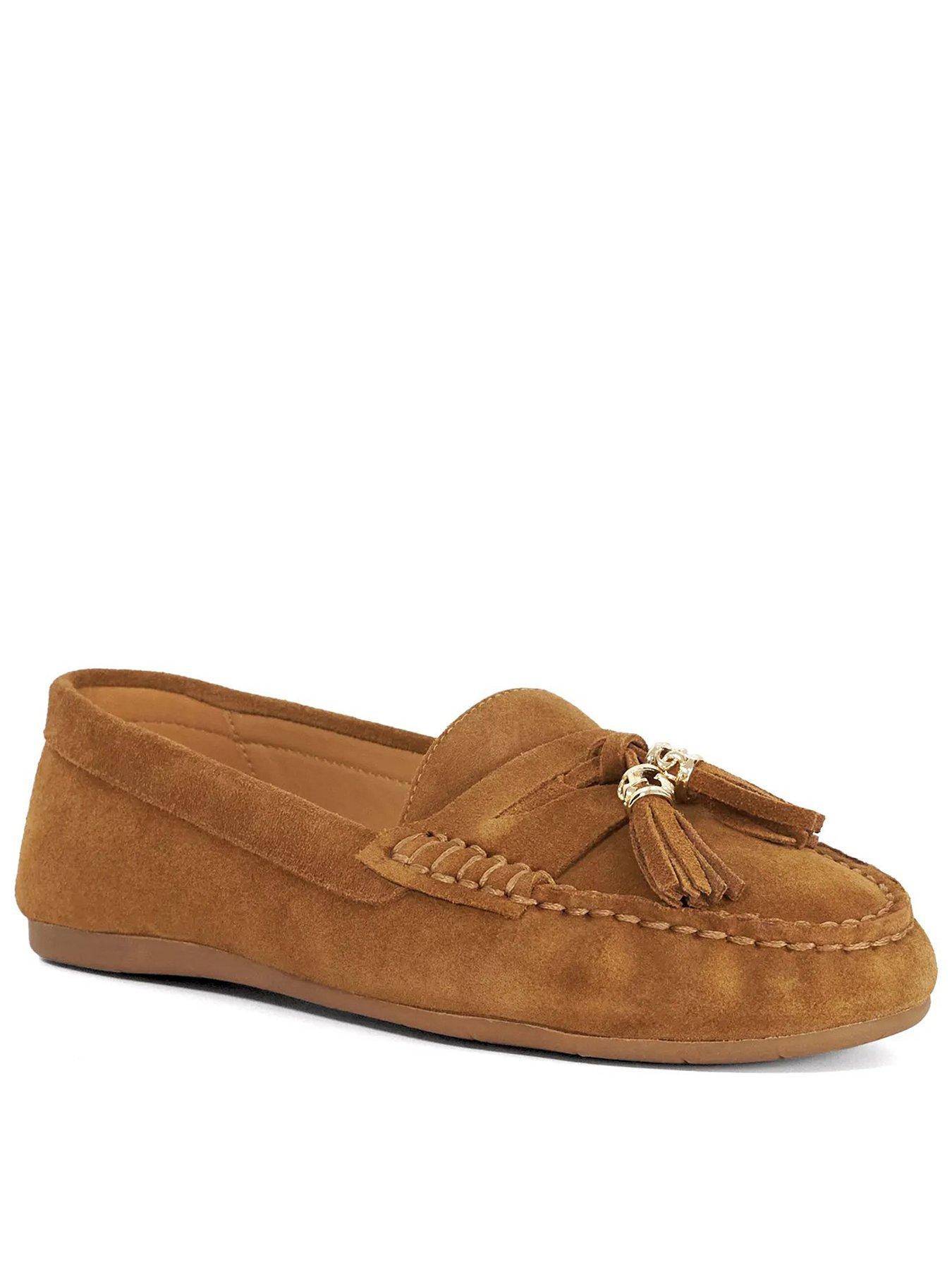 Image 1 of 4 of Dune London Wide Fit Geen Suede Tassel Trim Loafers - Brown