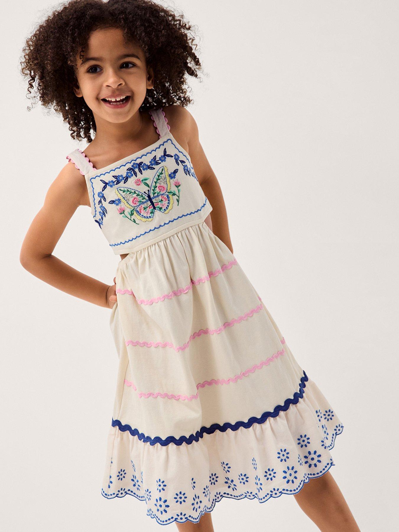 Monsoon Girls Butterfly Emroidered Ric Rac Dress - Light Cream