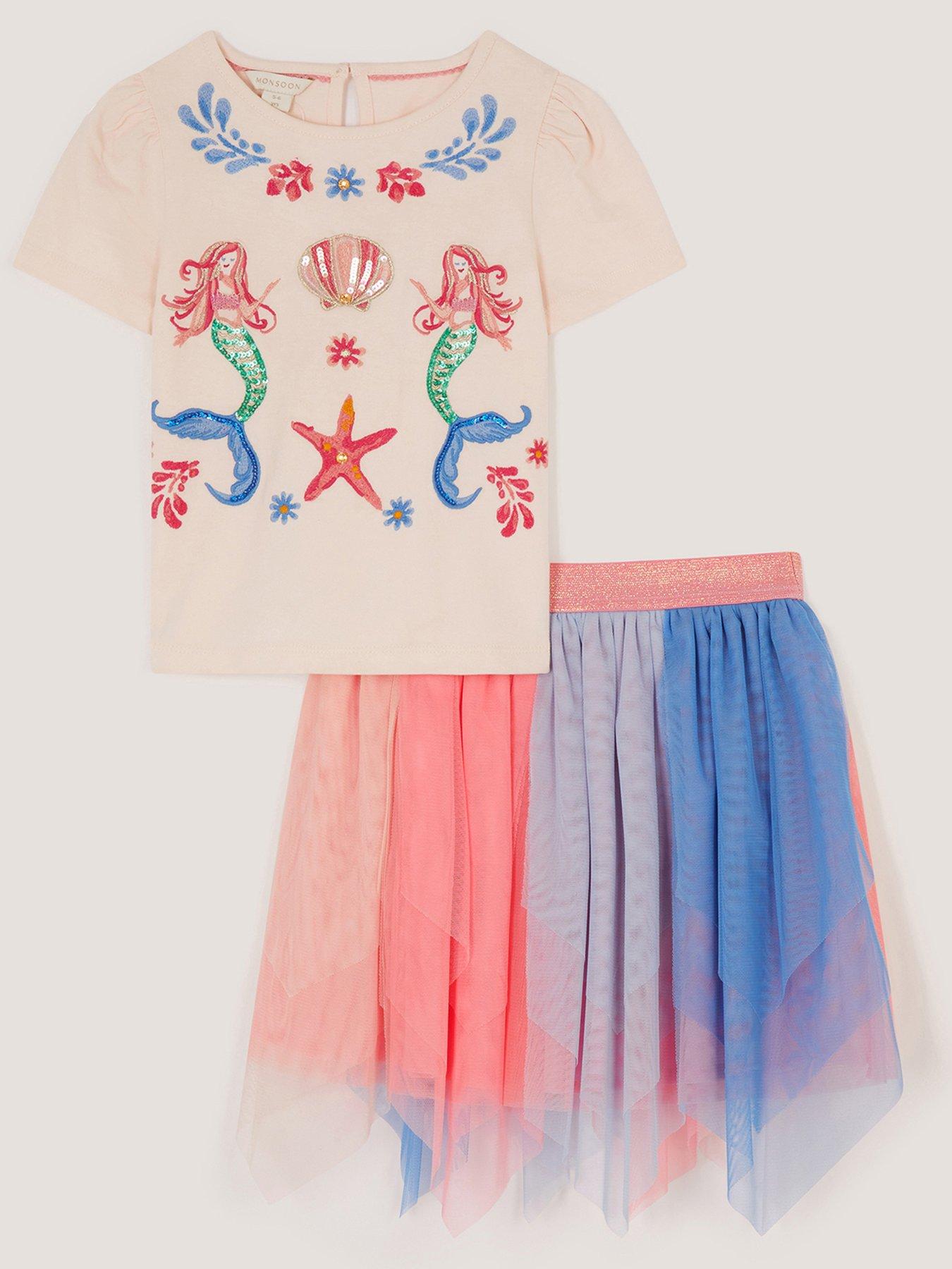 Monsoon Girls Mermaid Top  &  Disco Hanky Hem Skirt Set - Multi
