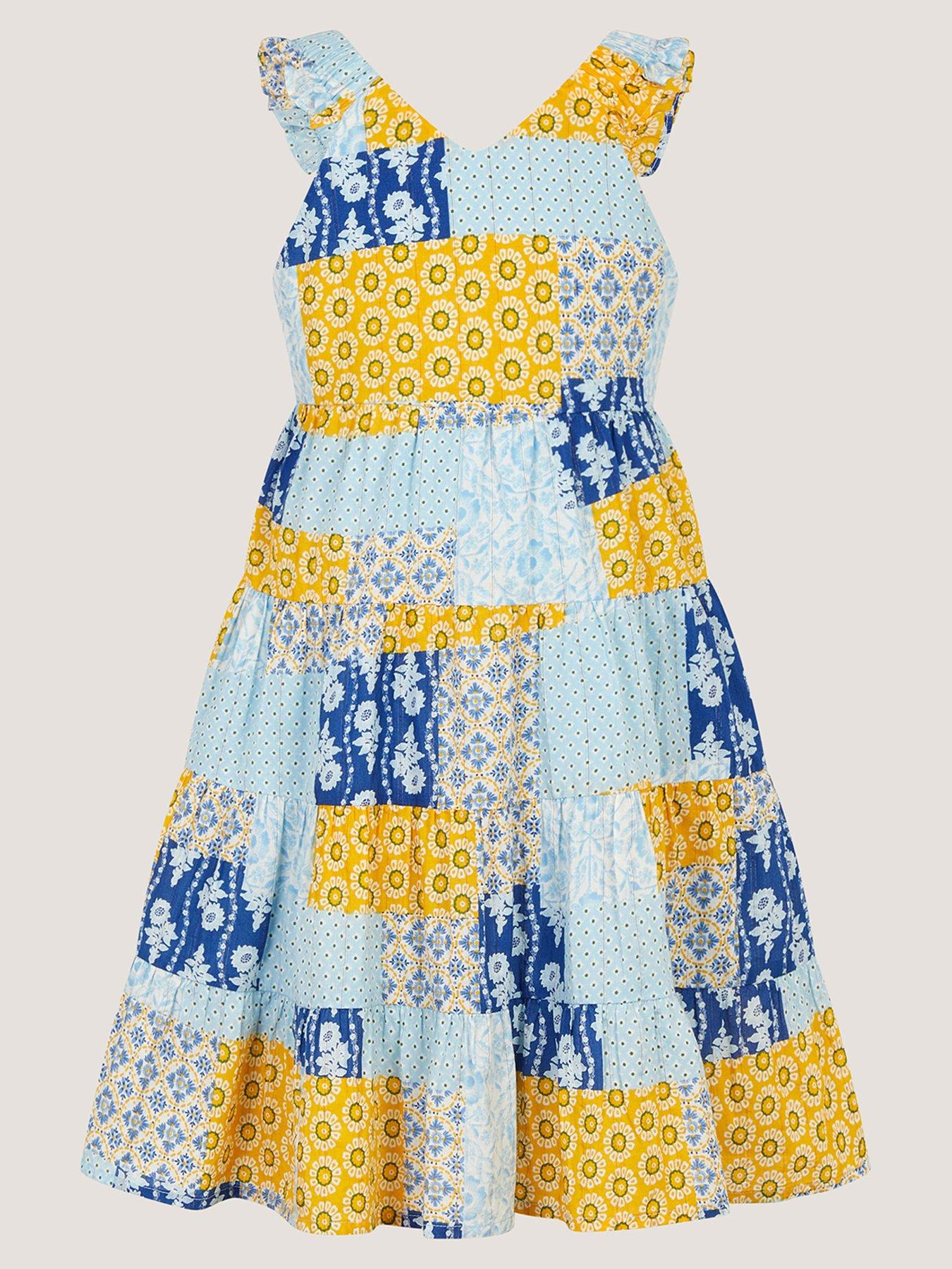 Image 1 of 3 of Monsoon Girls Pia Patchwork Print Dress - Blue