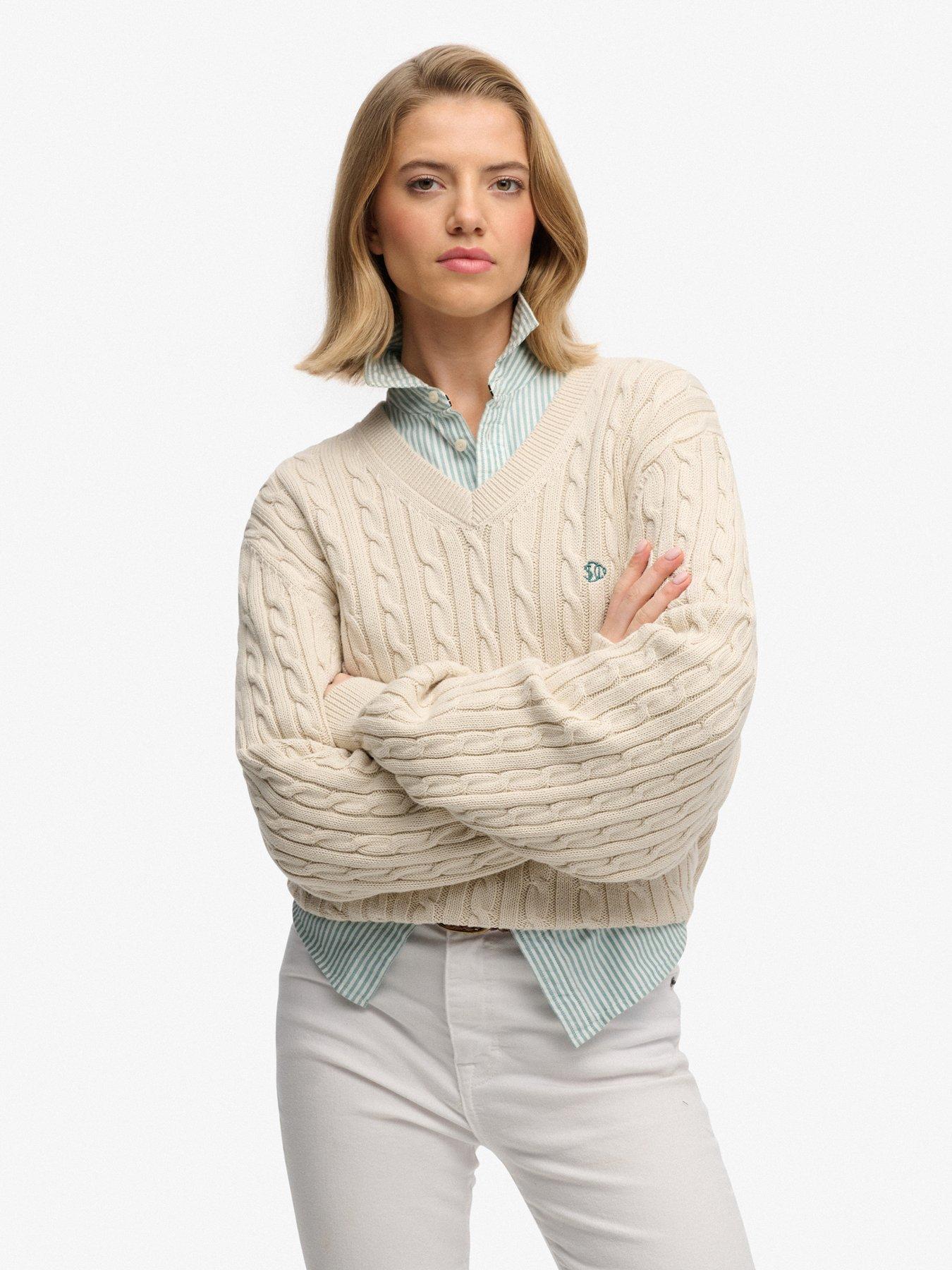 Superdry Oversized Cable V Neck Jumper - Beige